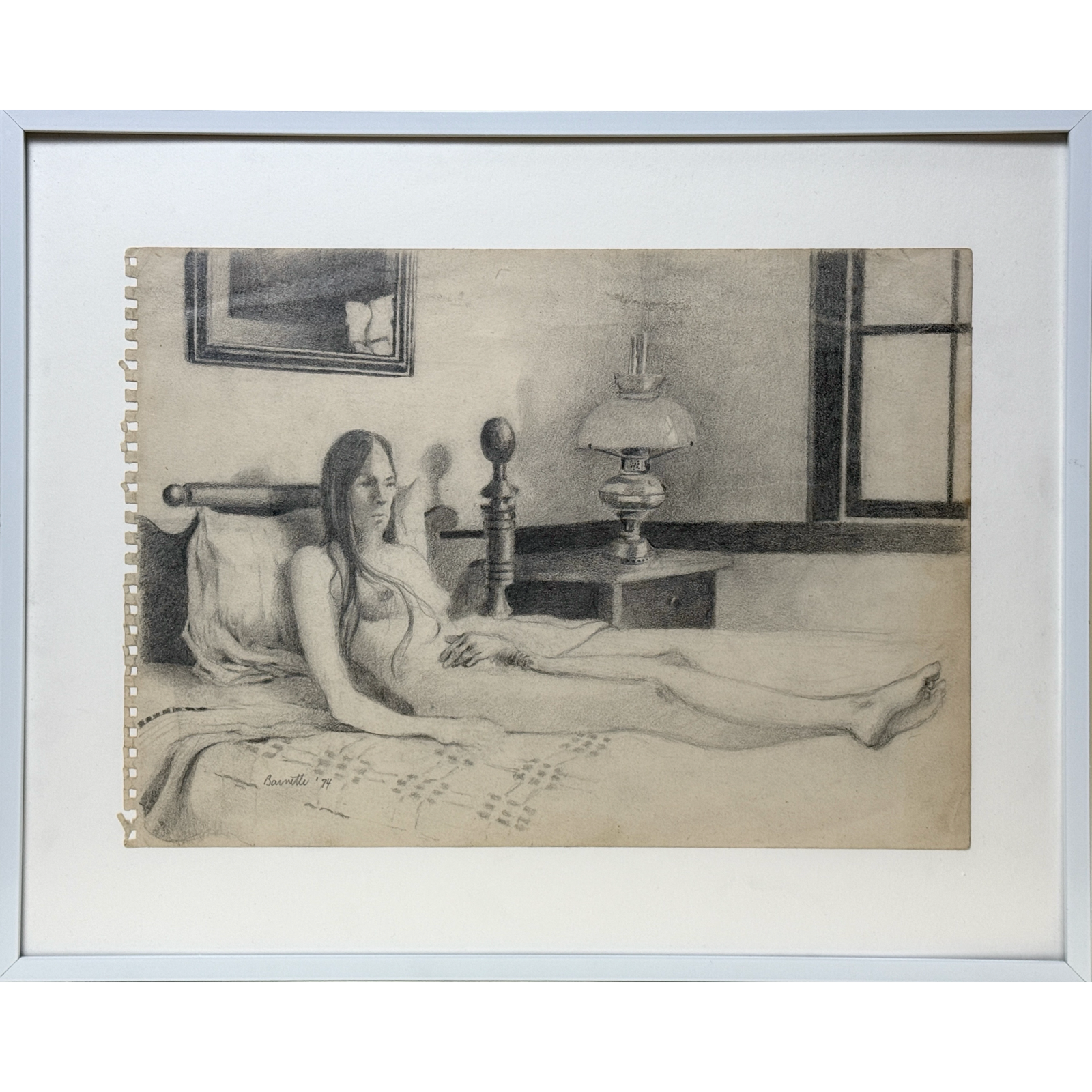 Full framed drawing. White metal gallery frame. Non-glare acrylic glazing.