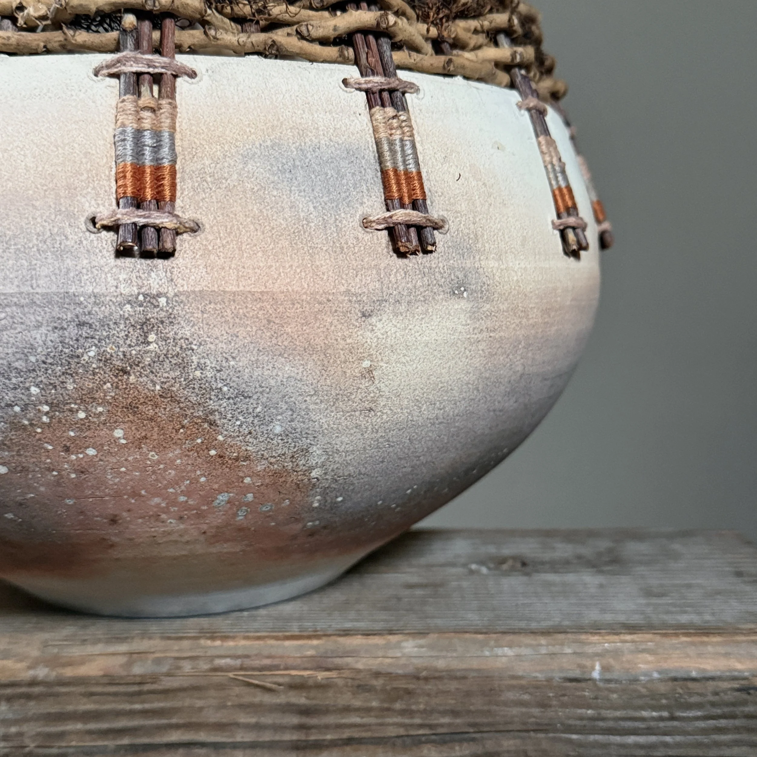 Organic modern raku pot pink mauve smoke detailing