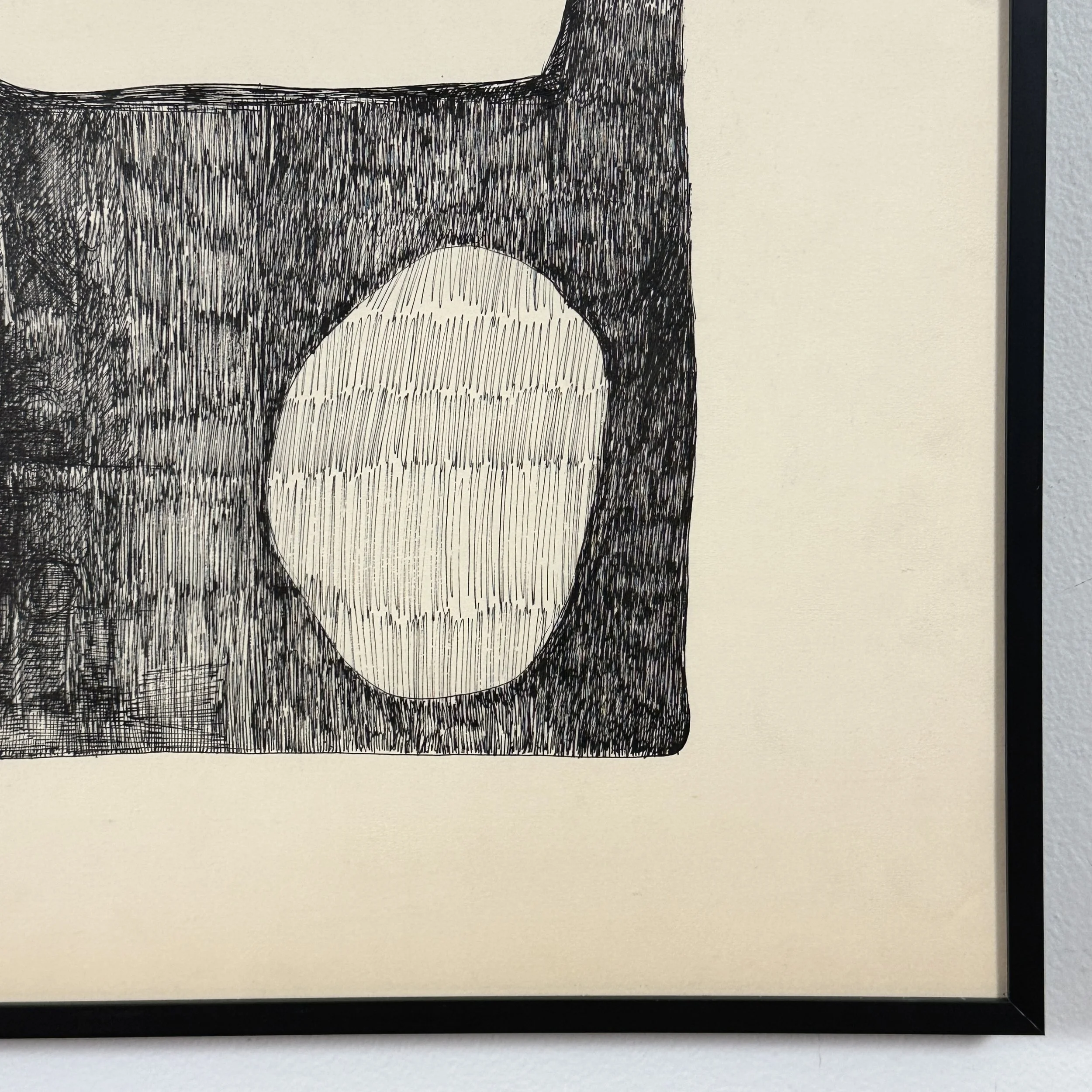 Macro detail revealing the texture of the paper and the precision of the pen work.