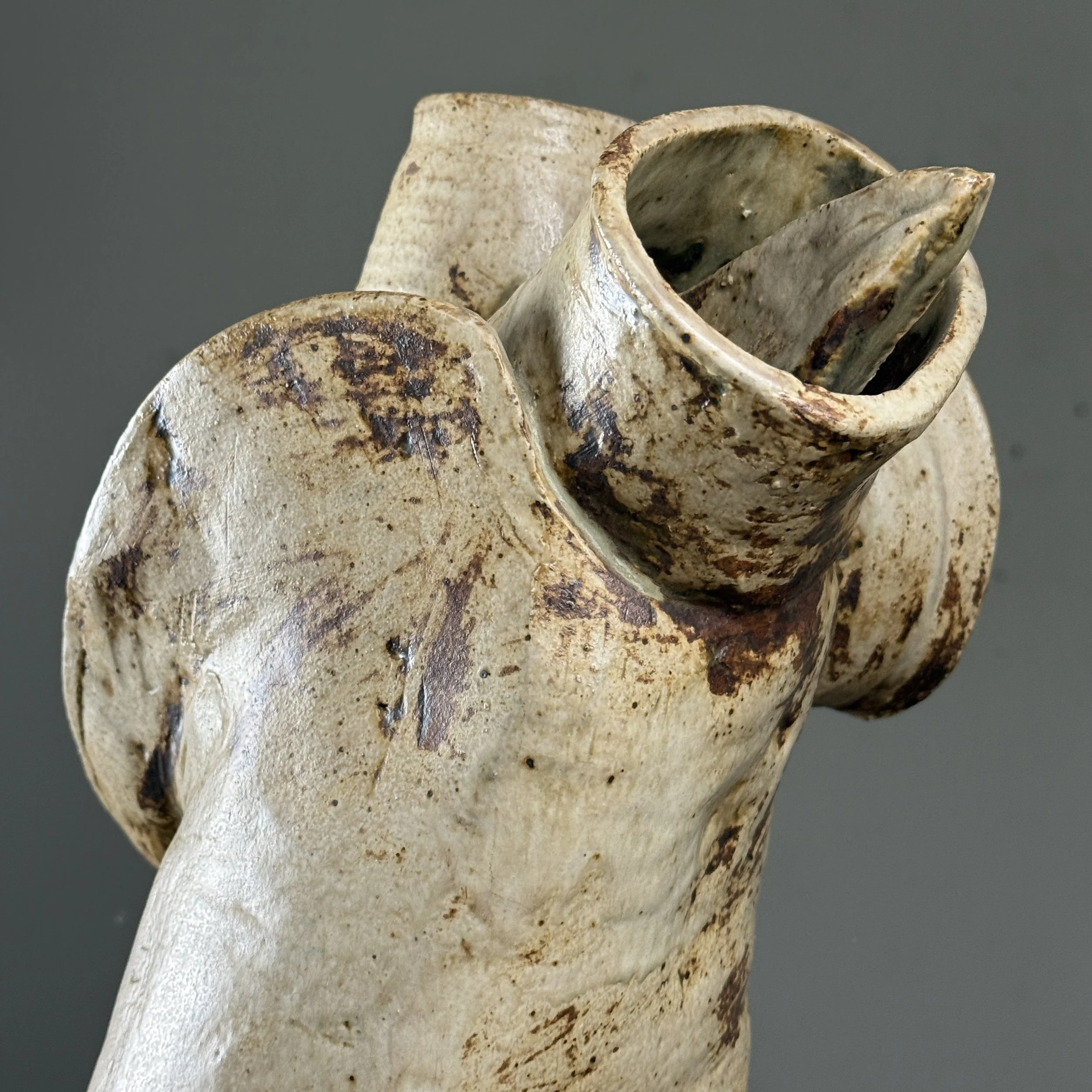 Vintage Brutalist beige glazed ceramic sculpture with three cups