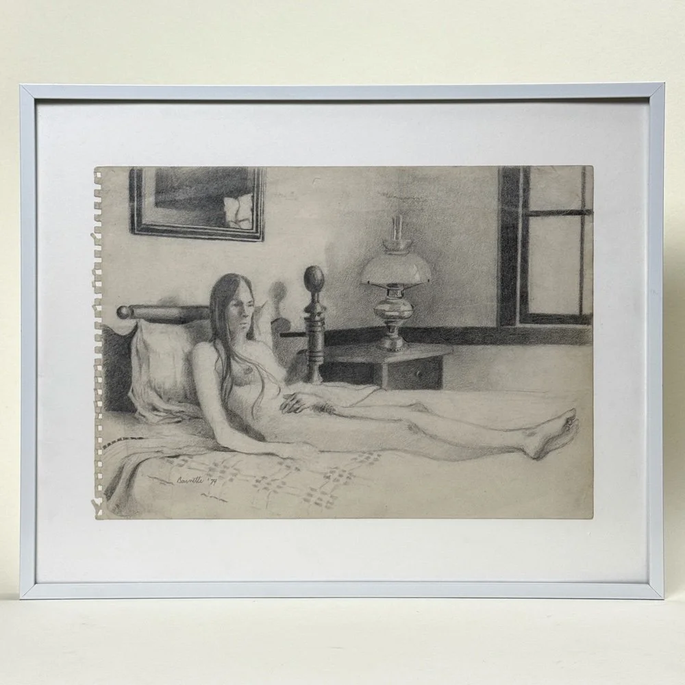 Vintage Expressionist graphite drawing of reclining nude woman. Signed Barnette 1974. 17.75 inches wide by 14.25 inches high.