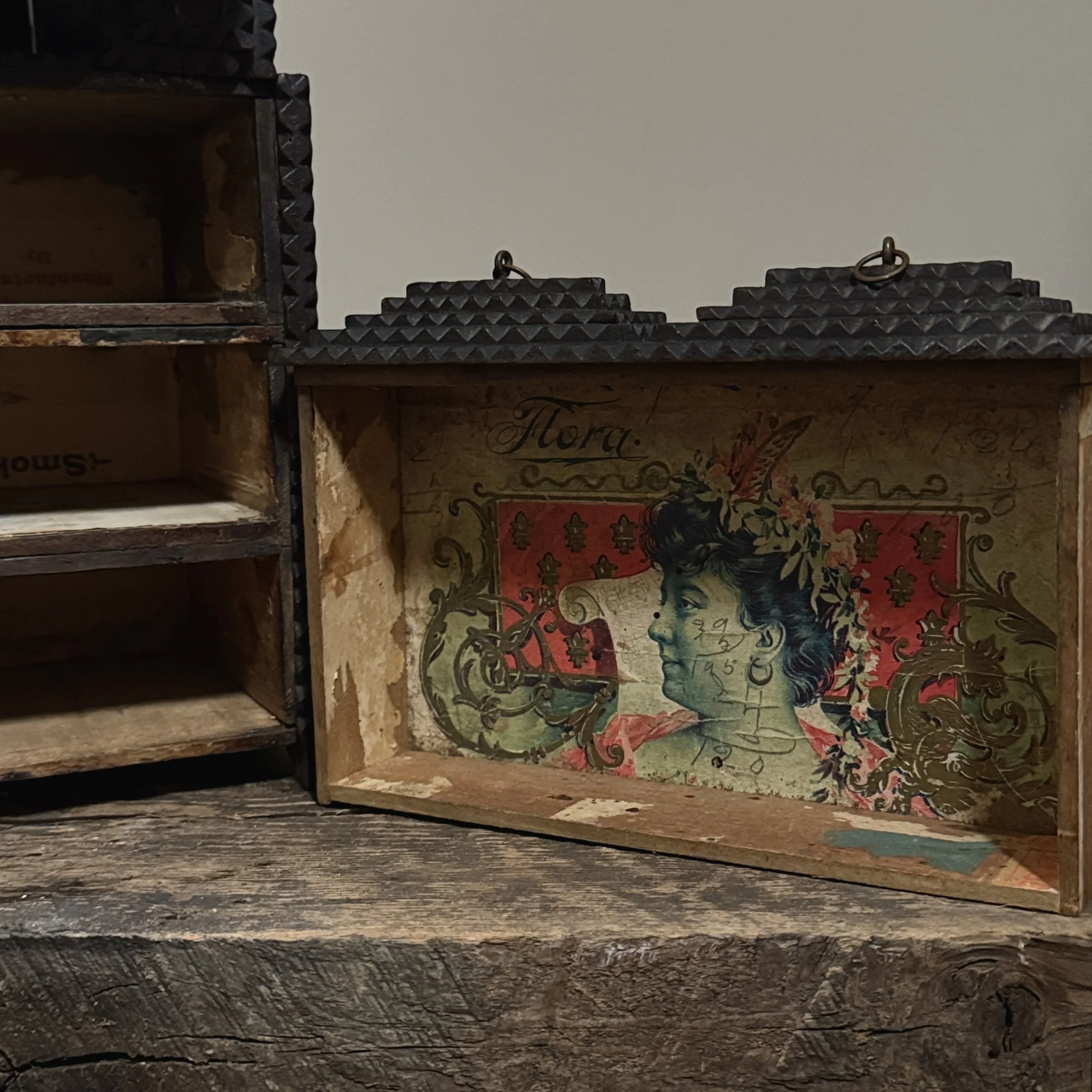 Tramp art dresser original cigar box labels inside drawers