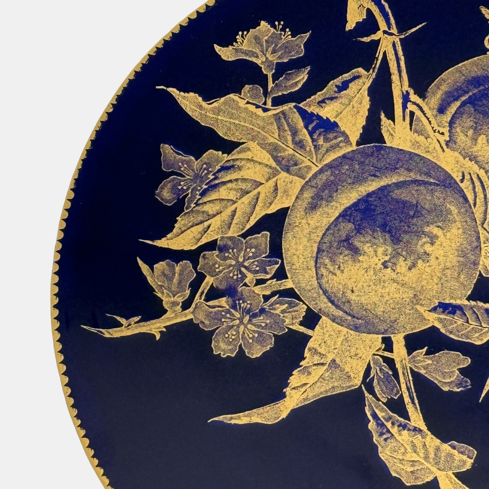 Pair of Brownfield English porcelain Aesthetic period plates, cobalt and gold, chestnut and peach motifs
