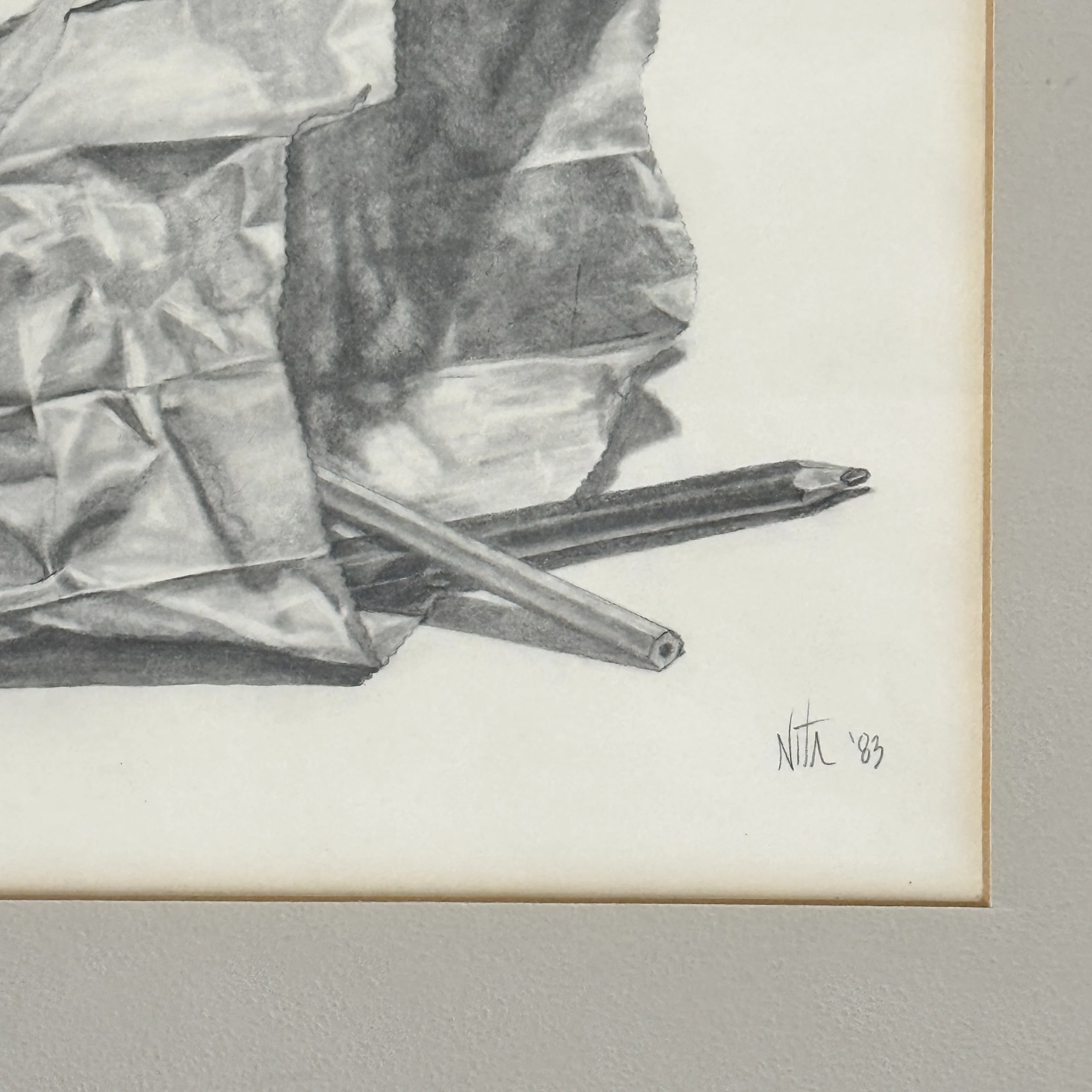 Vintage Hyperrealist drawing of a paper bag and pencils, signed