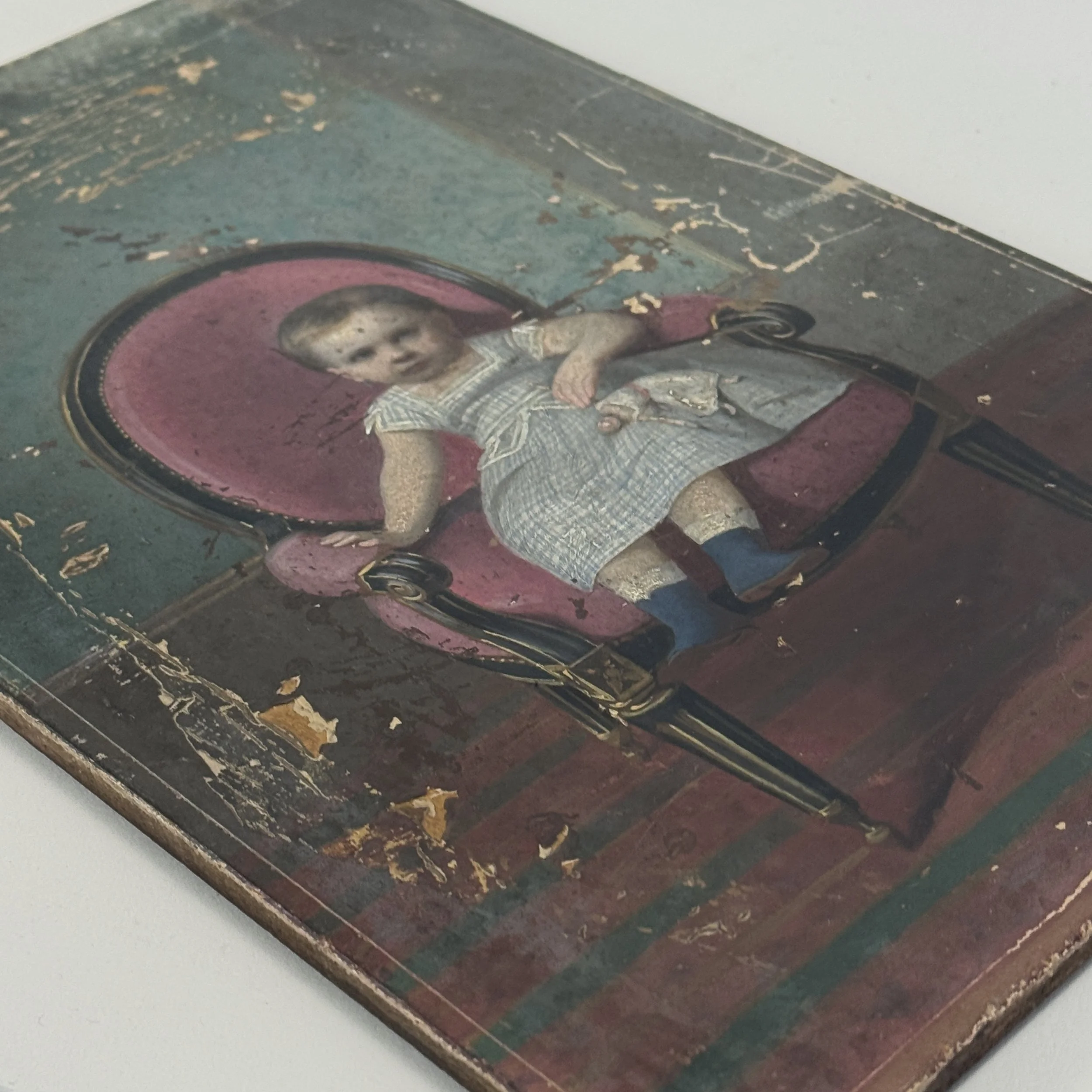 Patina detail. Surface aging throughout painting.