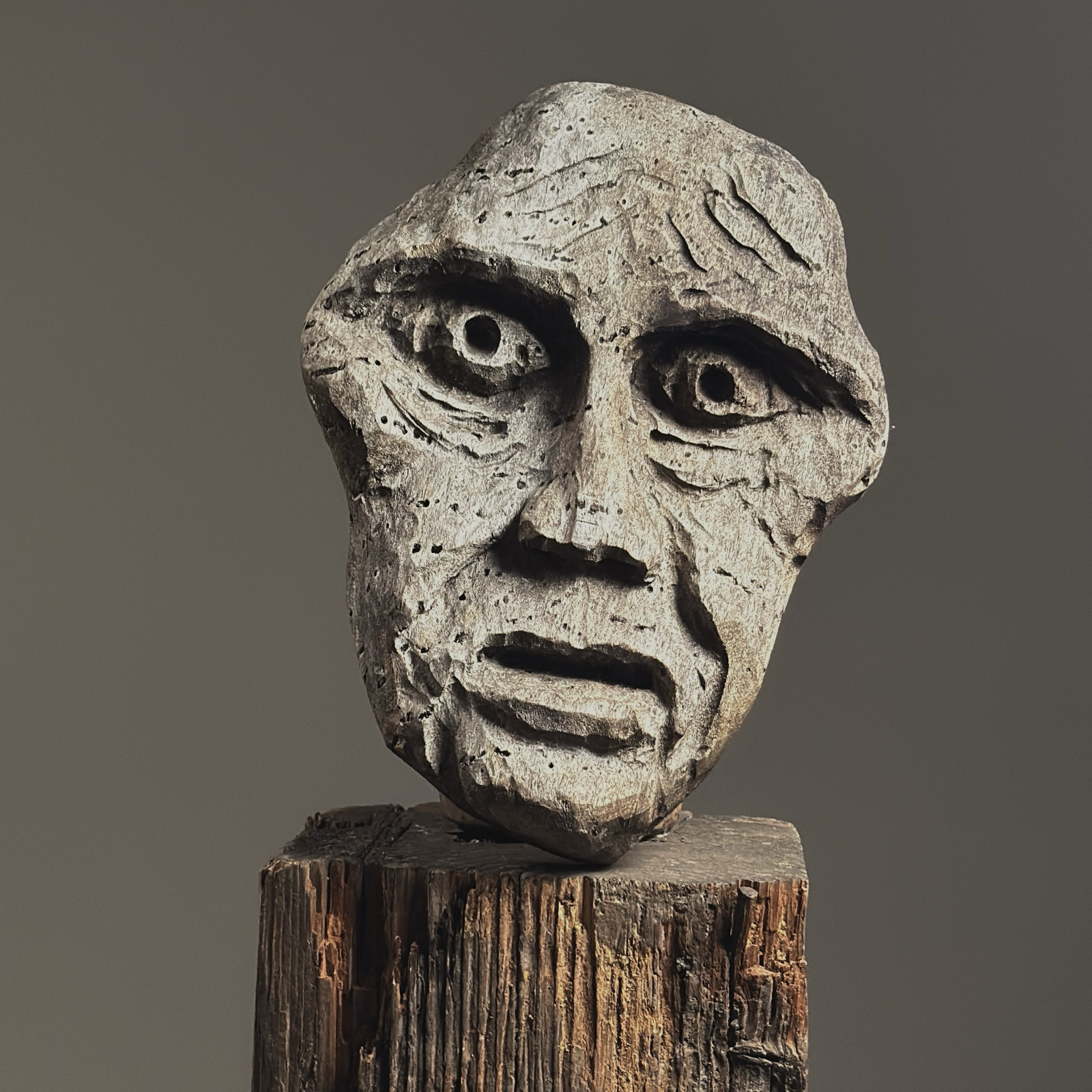 Vintage hand-carved folk art portrait, grey washed patinated wood