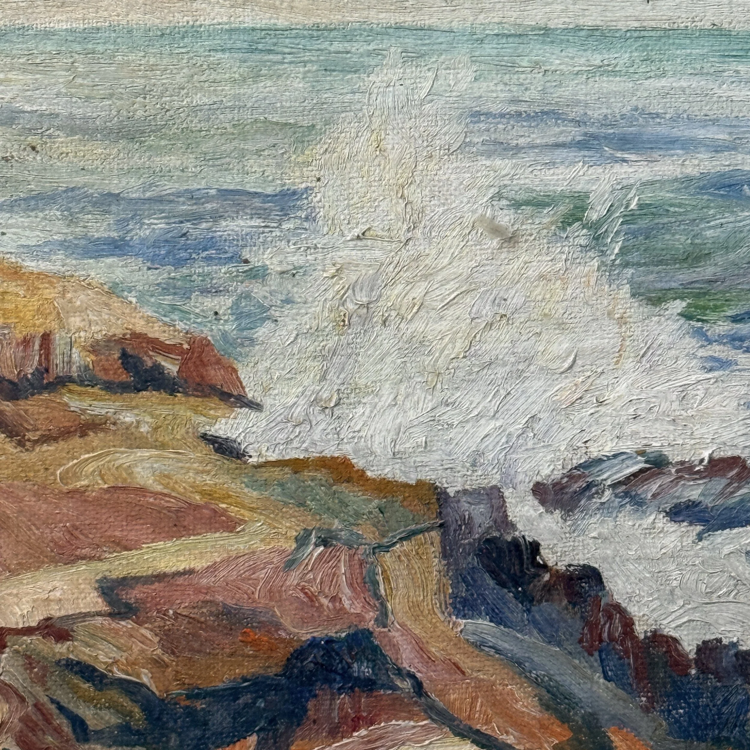 Rocky shore detail. Waves crashing against rocks. Blue and green palette.