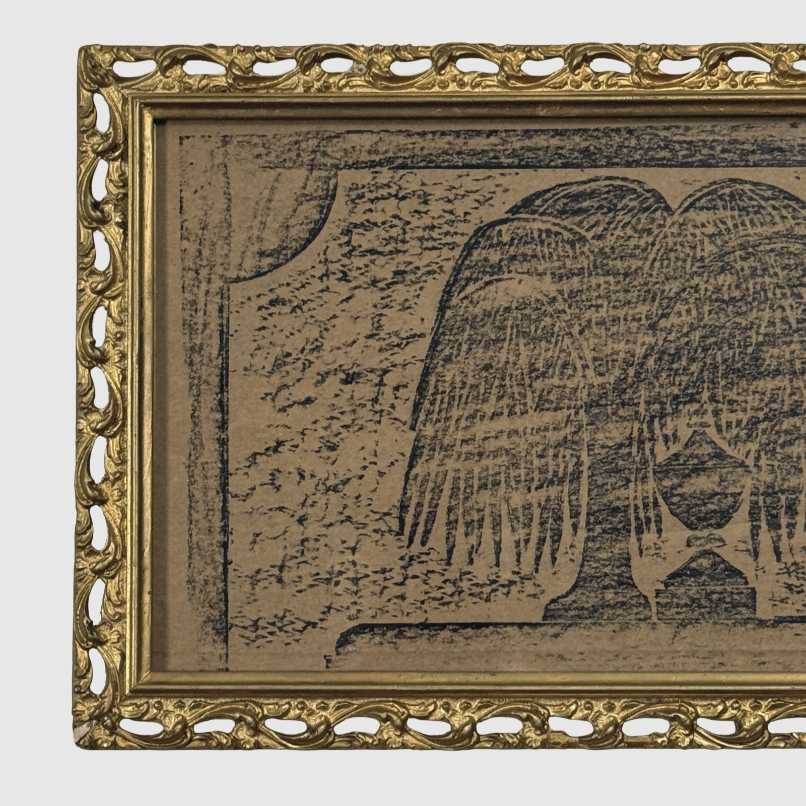 Gilt frame with cut-out scroll design, grave rubbing, weeping willow