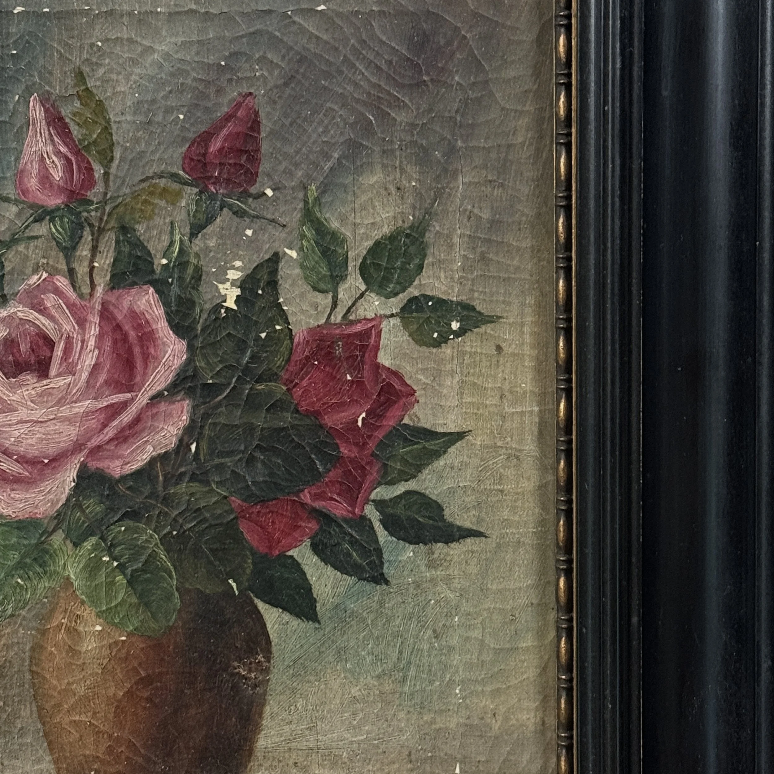 Victorian still life, roses in multiple vases, oil on canvas, signed Walseth