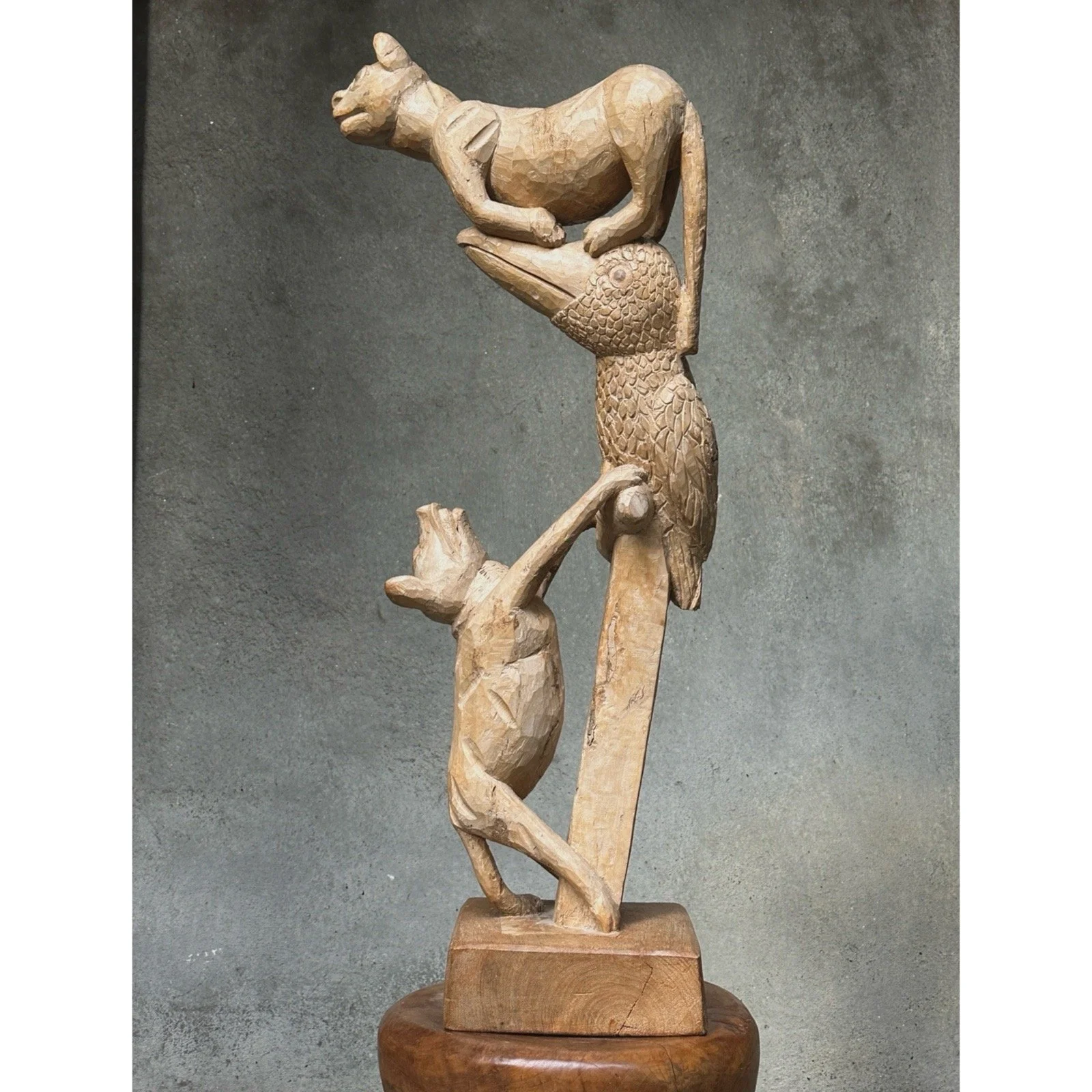 Vintage Monumental Hand Carved Folk Art Sculture with Toucan, Dog, and Cat, Signed