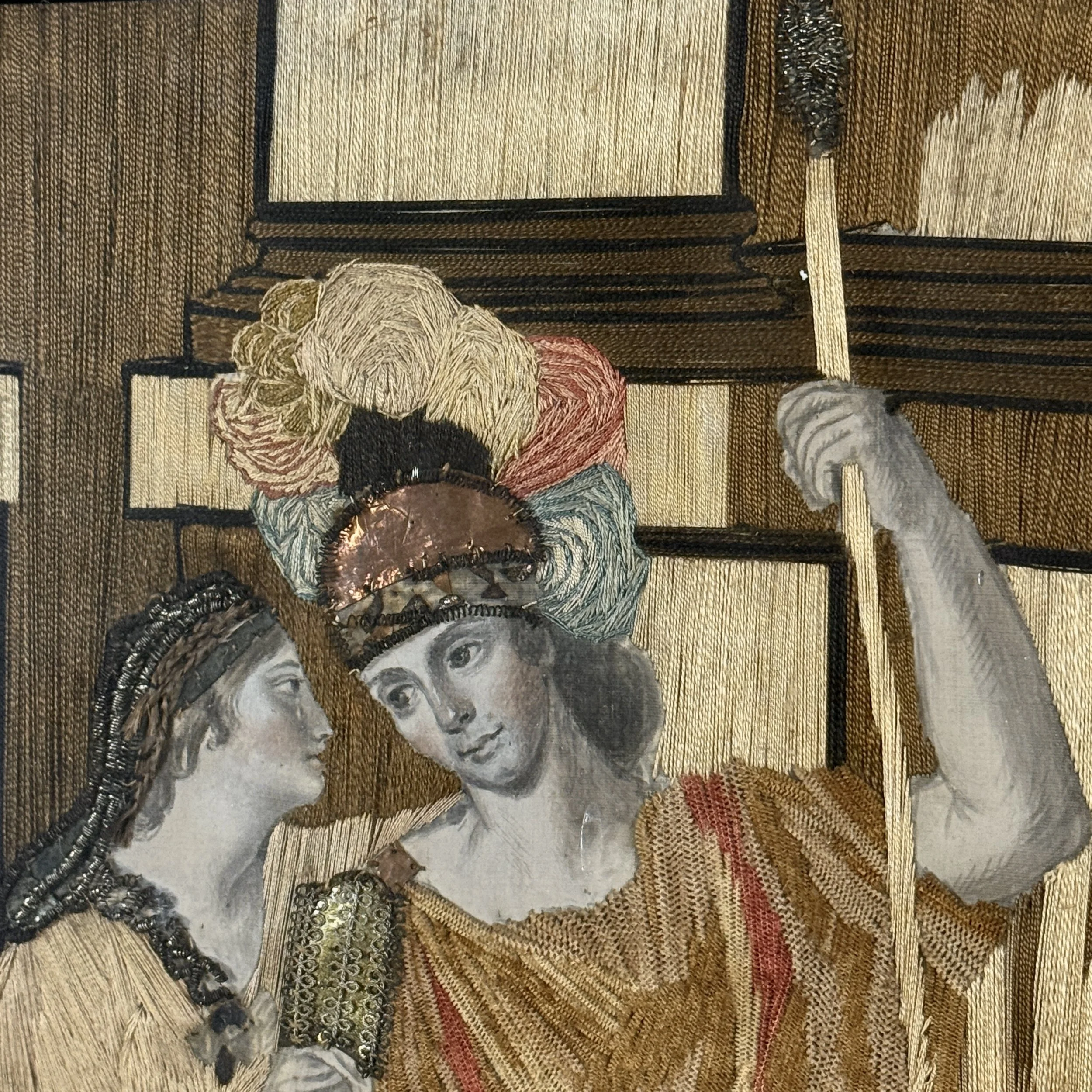 Detail of hand-painted faces and hands, silk embroidery, Georgian tapestry
