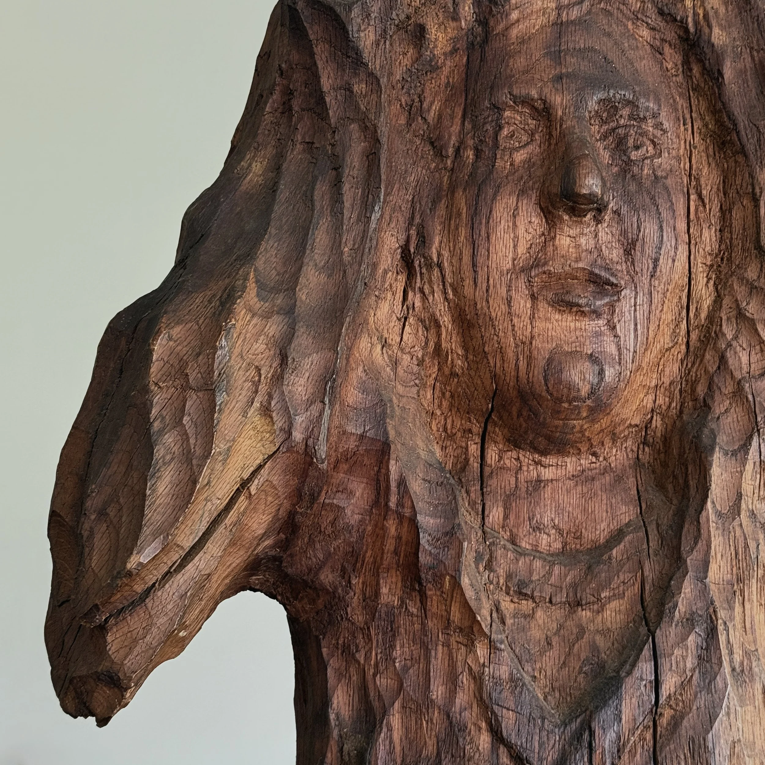 Portrait detail, hand carved wood stump, facial features