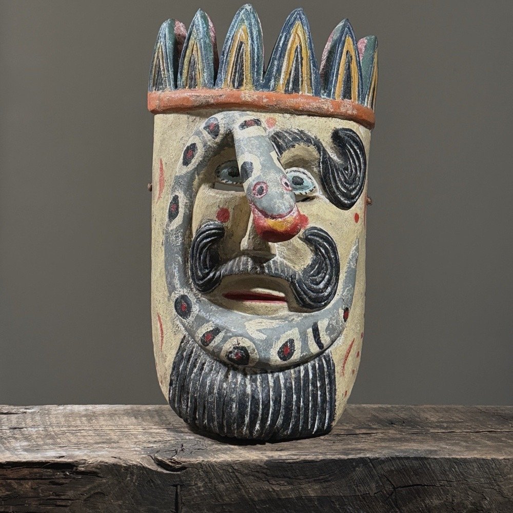 Vintage Hand Carved Polychrome Folk Art Mexican Mask with King and Snake