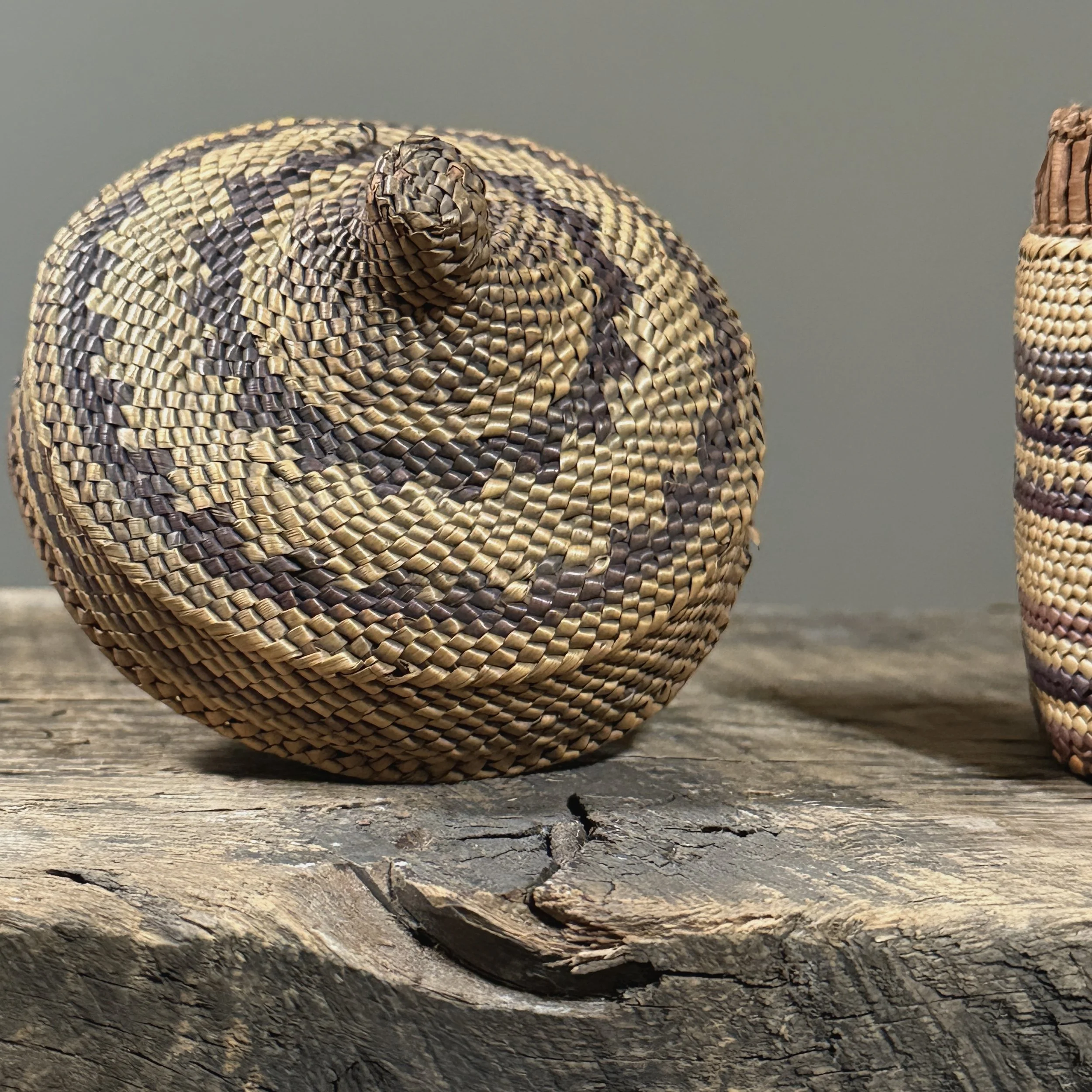Close-up detail of wrapped twining technique and purple-dyed grass on an antique Makah basket