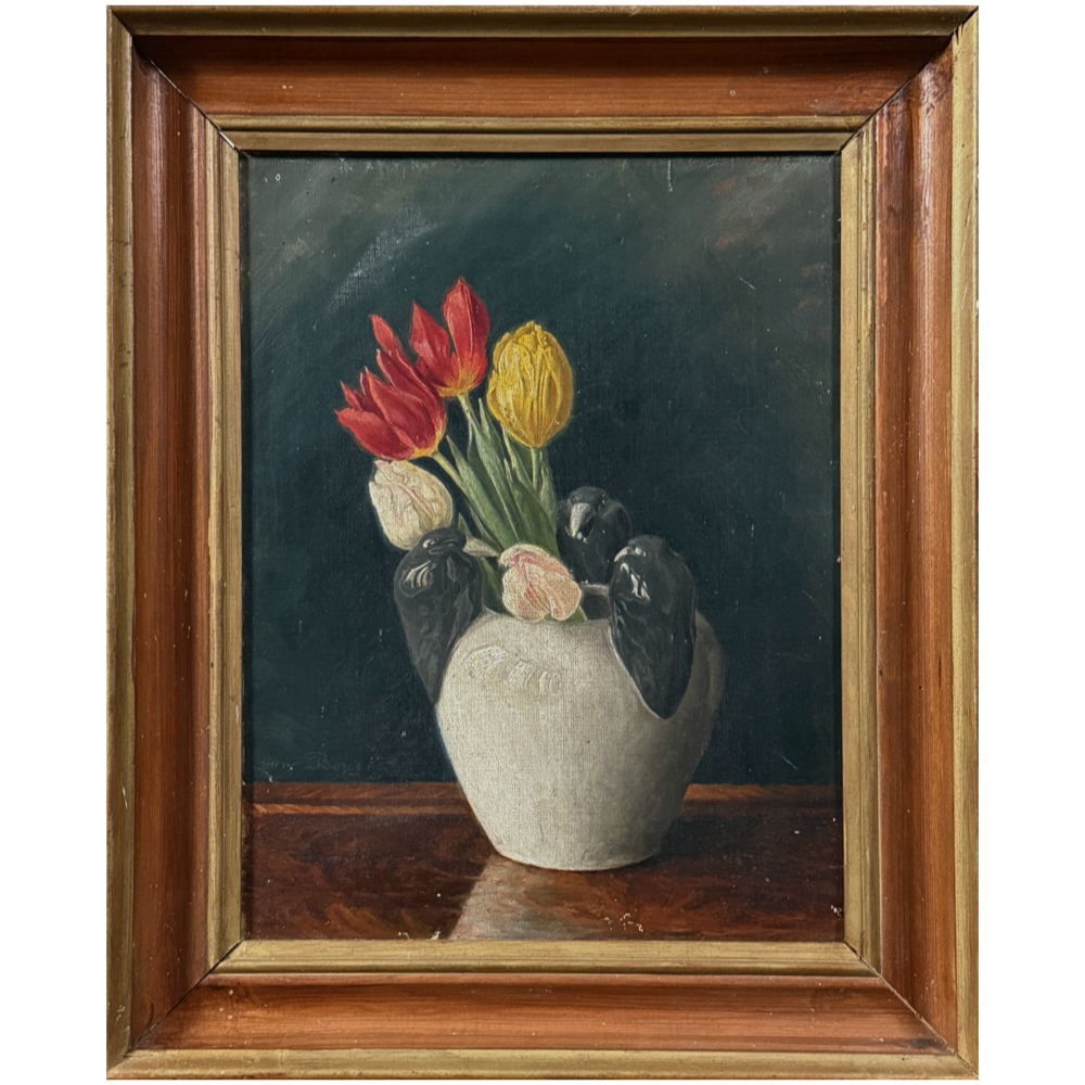 Full view of antique Danish Victorian floral still life with tulips and three blackbirds on vase rim, oil on canvas, signed lower left, vintage frame