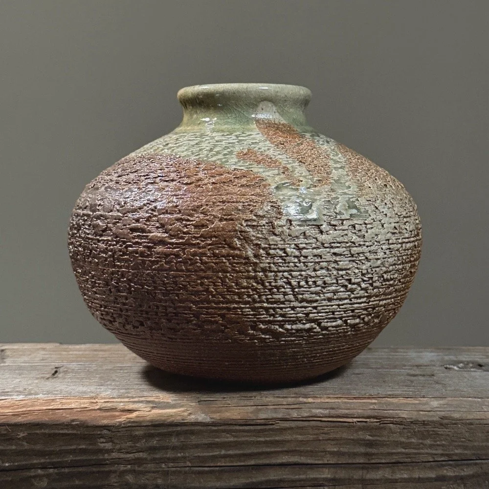 Vintage Japanese Heavily Textured Brown Vase with a Celadon Glaze Detail, Signed