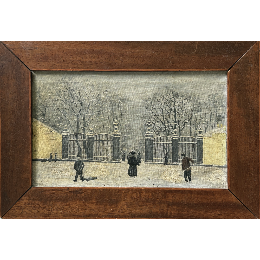 Swedish folk art oil painting, winter park scene, 1906