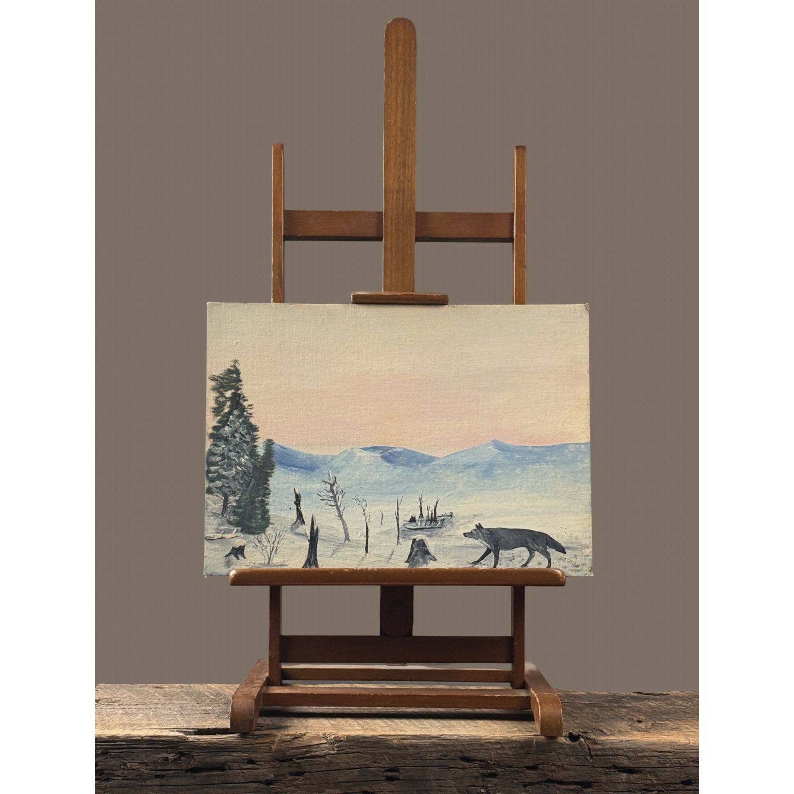 Antique 19th century folk art winter landscape with wolf, oil on board