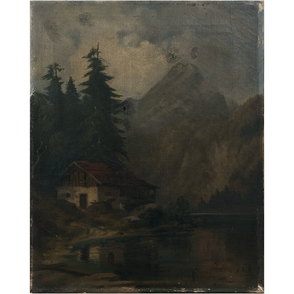 Antique Danish oil painting dark mountain landscape with cabin and lake