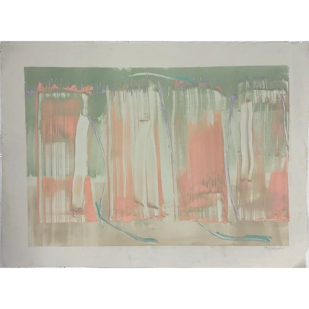 Vintage Abstract Expressionist pink monoprint on grey art paper. 22 inches wide by 30 inches tall.