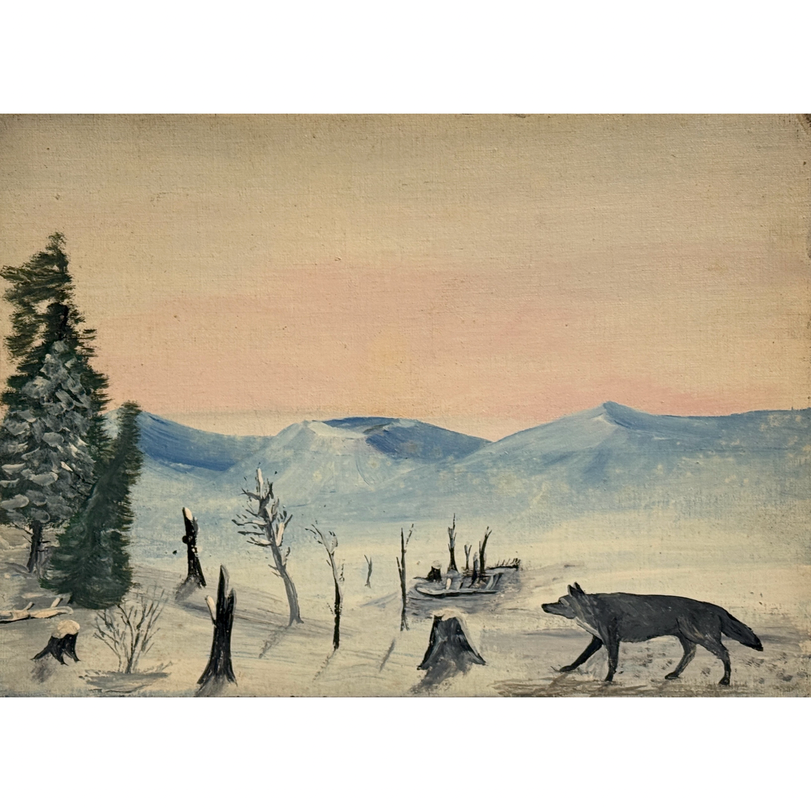 Antique 19th Century Folk Art Winter Landscape with Wolf, Oil on Board