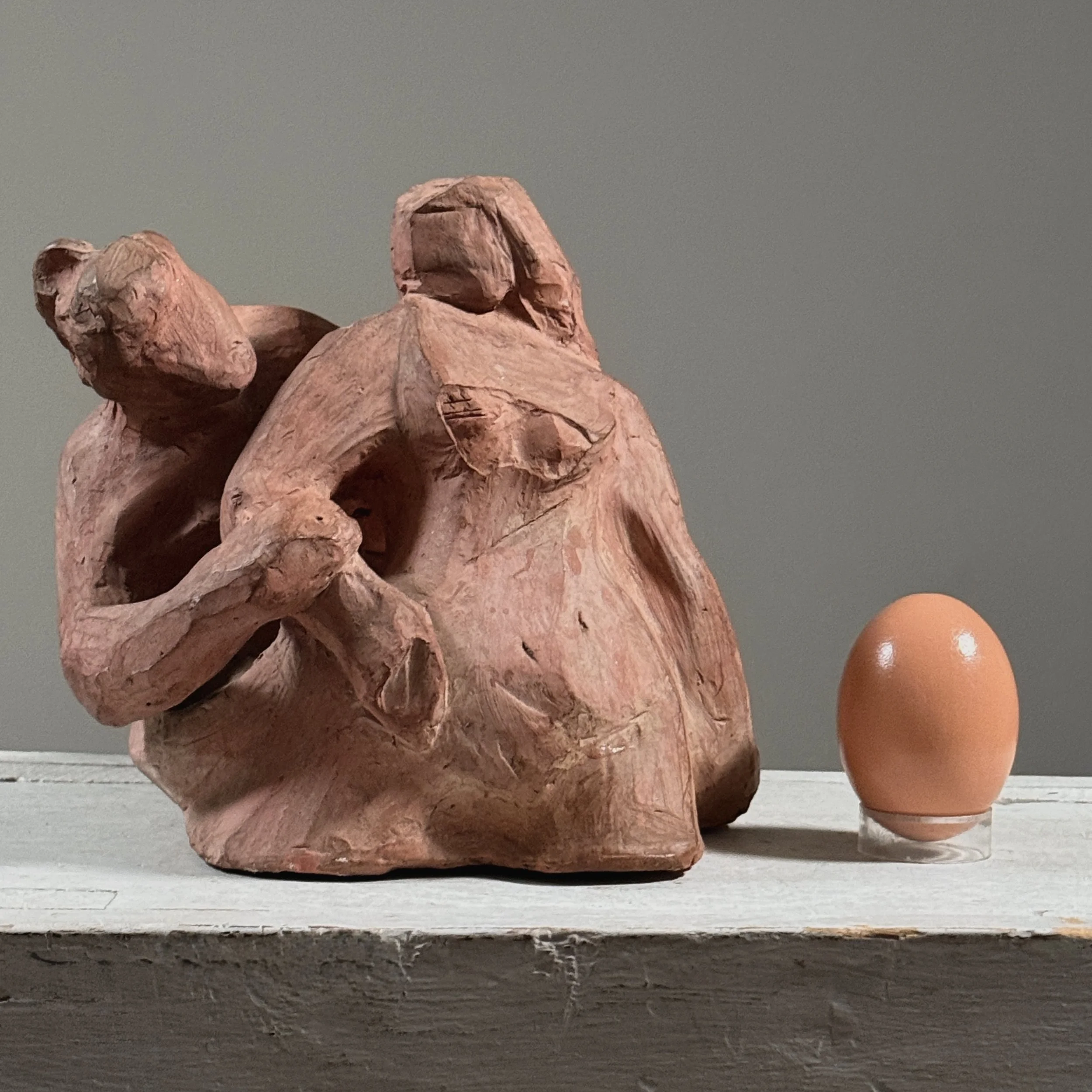 Vintage modernist figurative terracotta sculpture, two seated figures, signed