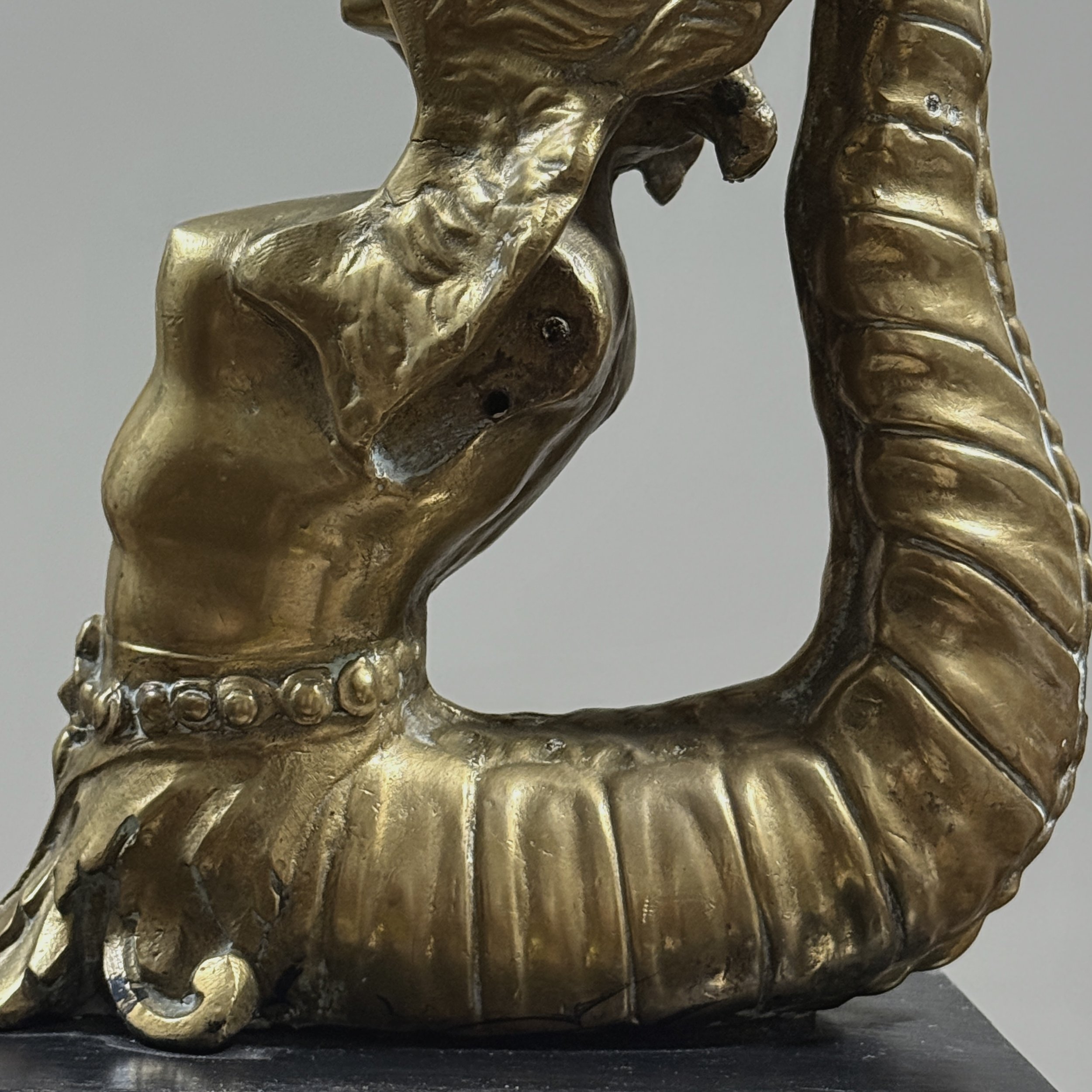 Detail view, pair of brass Melusine sculptures, Neoclassical style