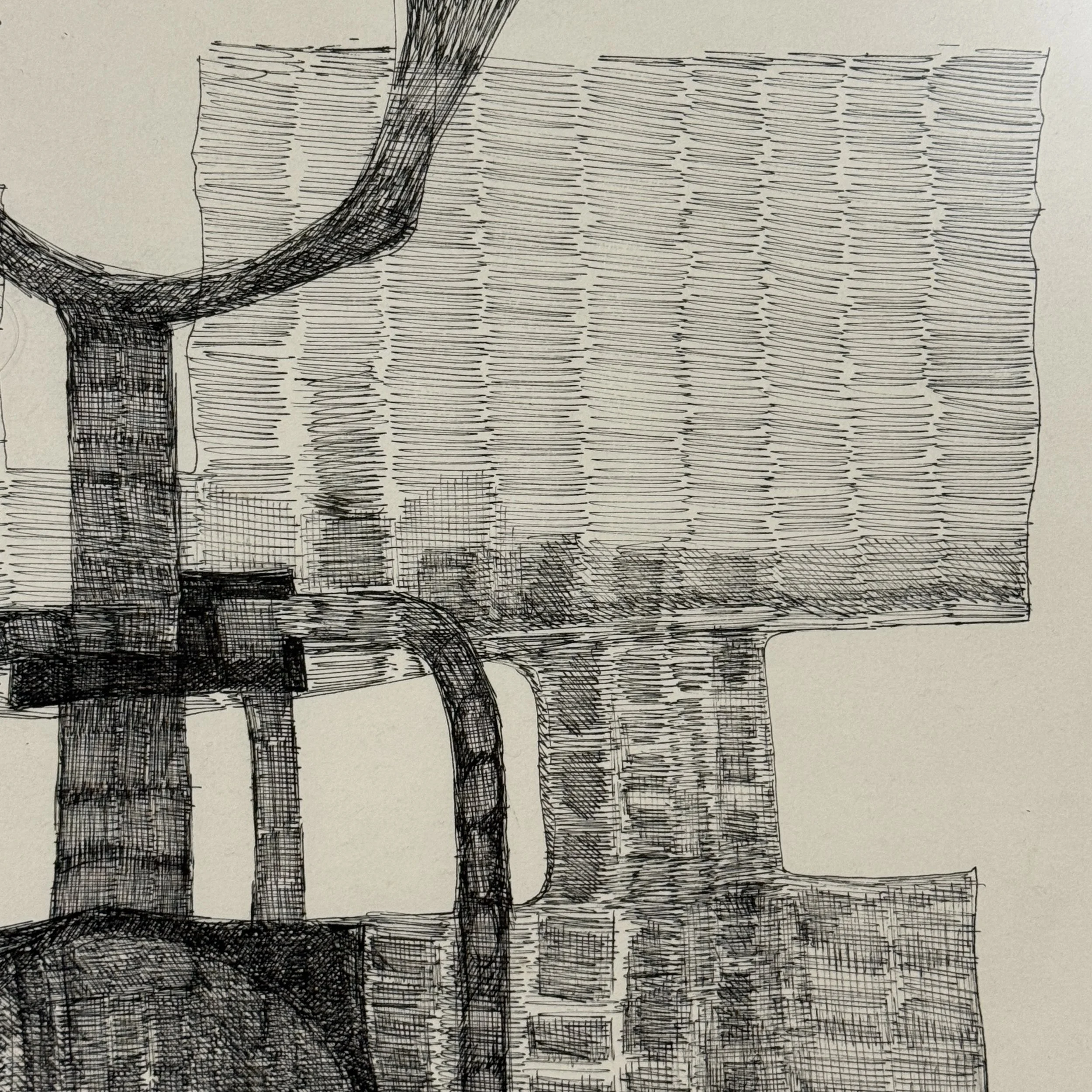 Close-up of the line work and ink application on cream wove paper.