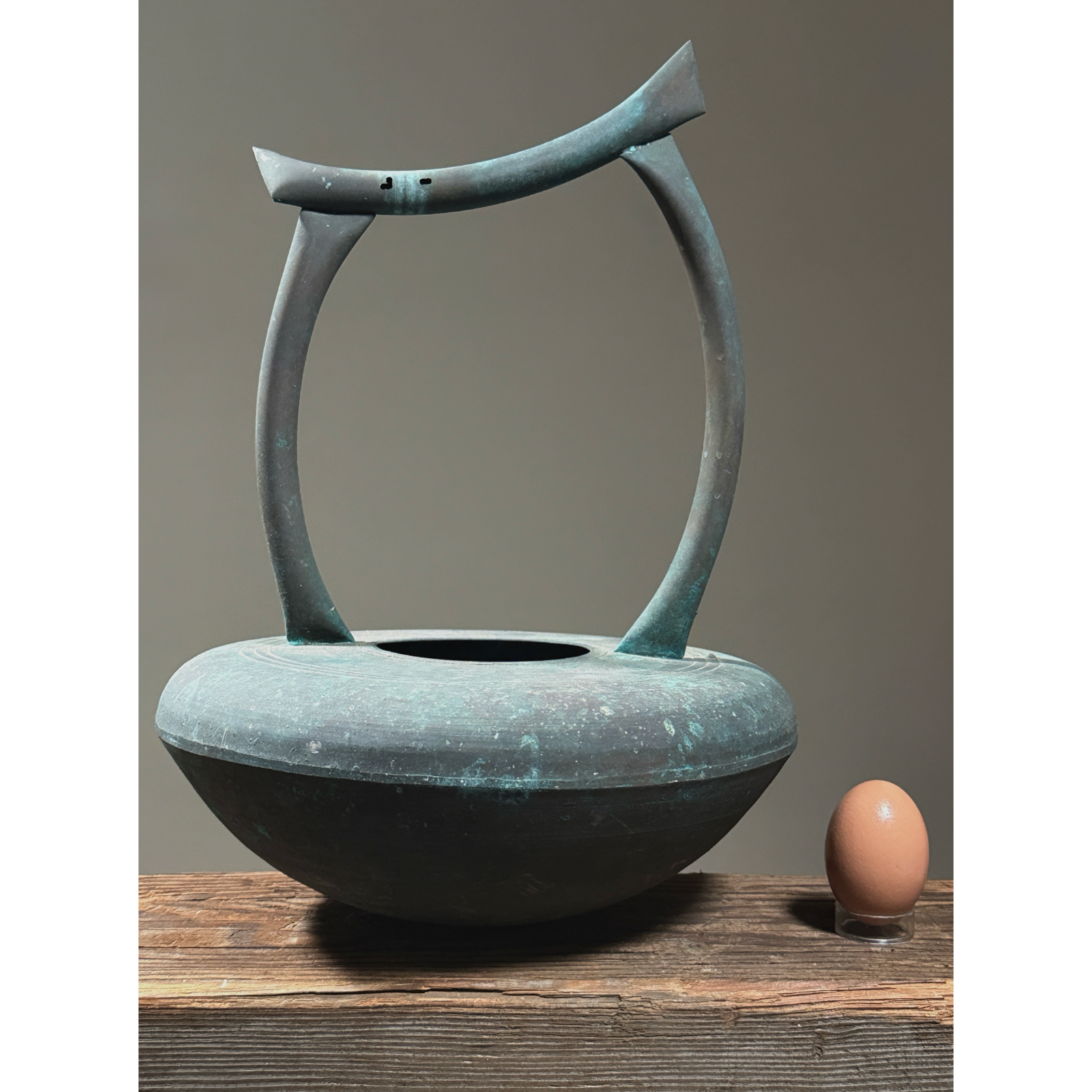 Vintage Japanese Modernist verdigris metal vessel with handle with egg for size reference
