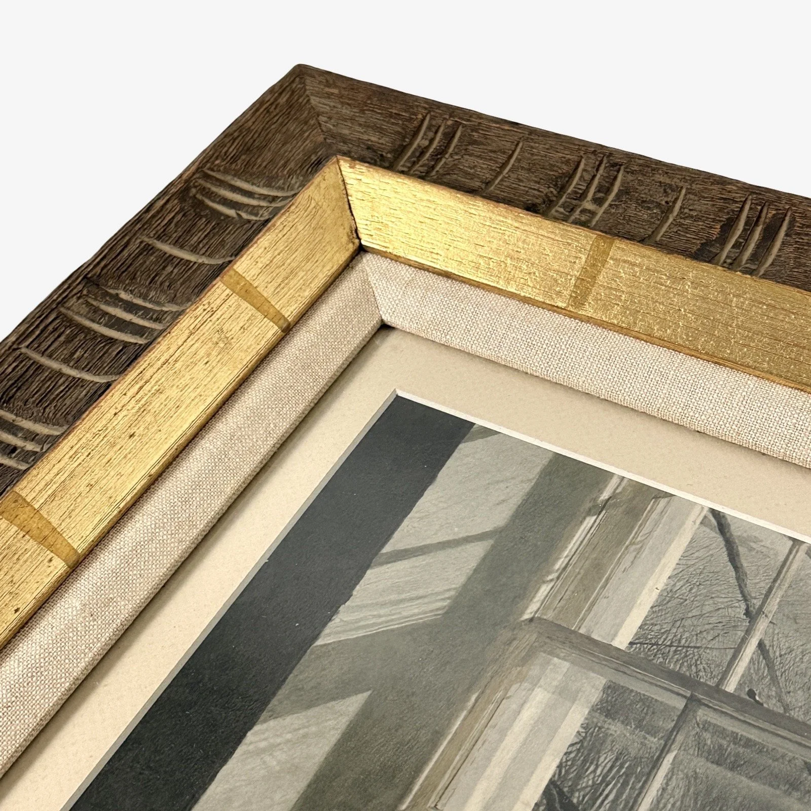 Detail of the print's corner, showing its interface with the mat and frame.