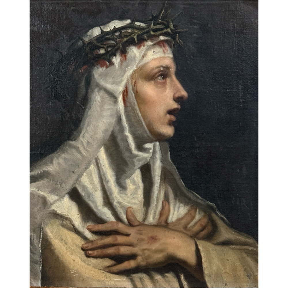 Antique Academic Realist Portrait of Saint Catherine of Siena (Oil on Board)