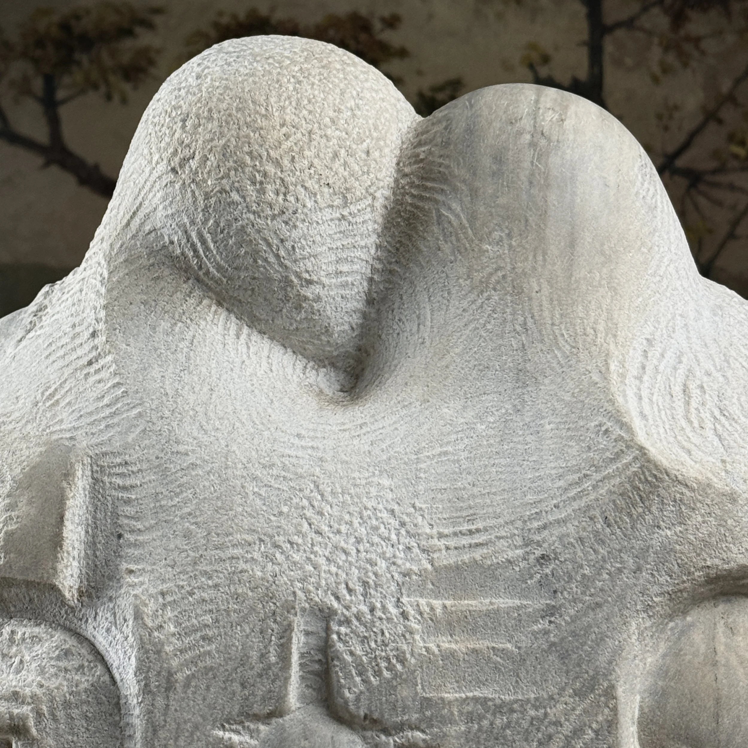 Etched and line detail, abstract marble sculpture, anthropomorphic