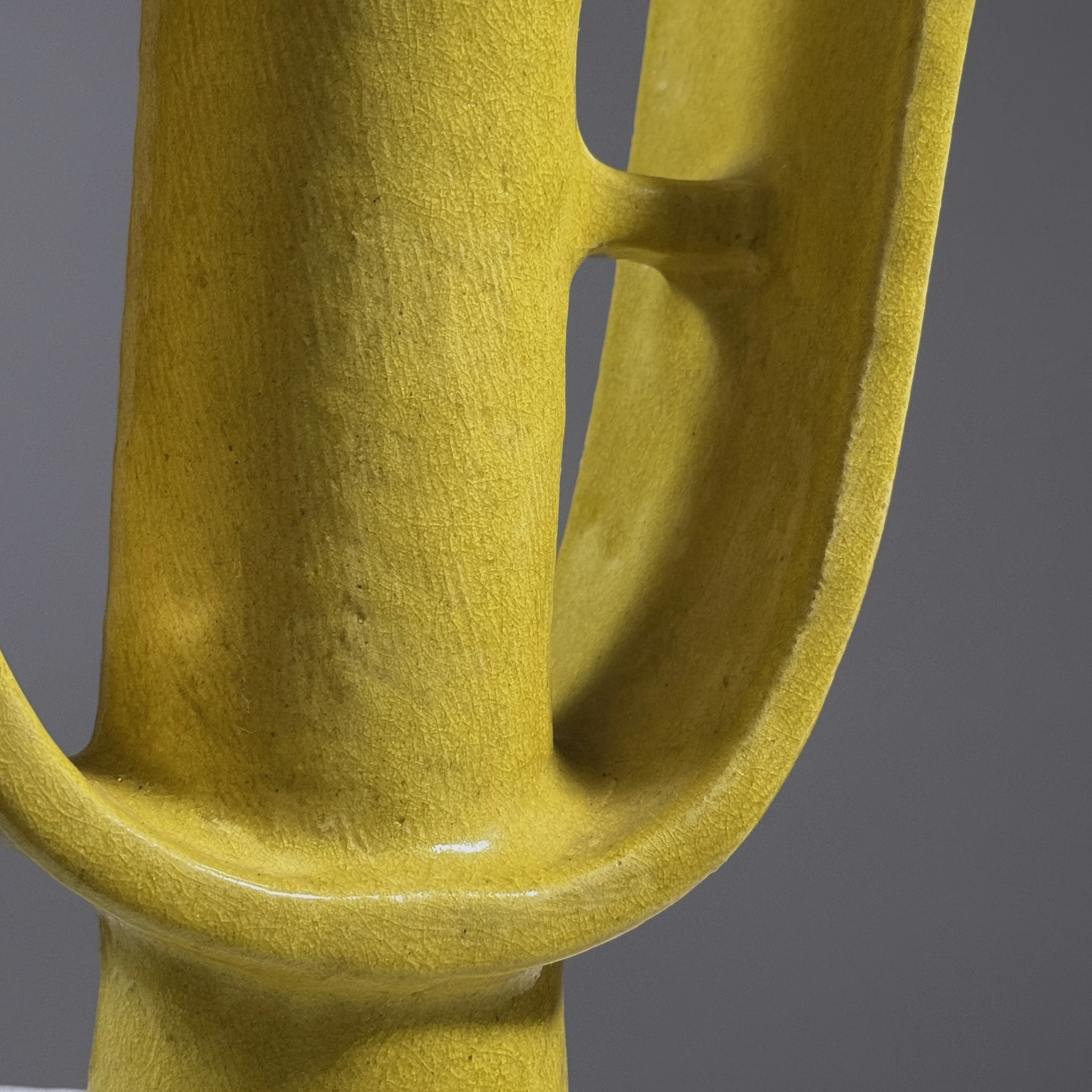 Yellow glazed ikebana vase with two wings and central cylinder, Japanese Postmodernist