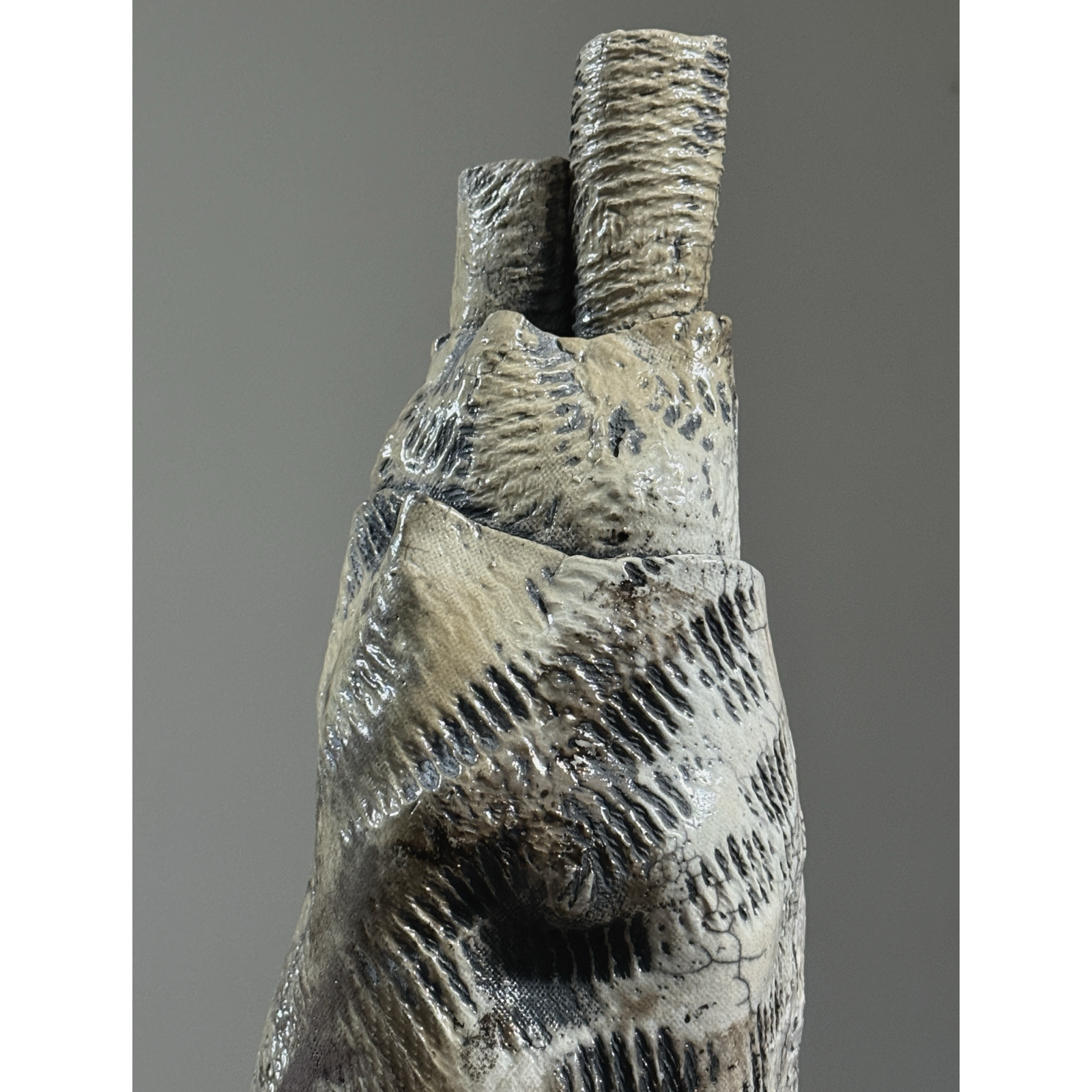 Vintage Brutalist Expressionist wood fired slab built crackle glaze vase