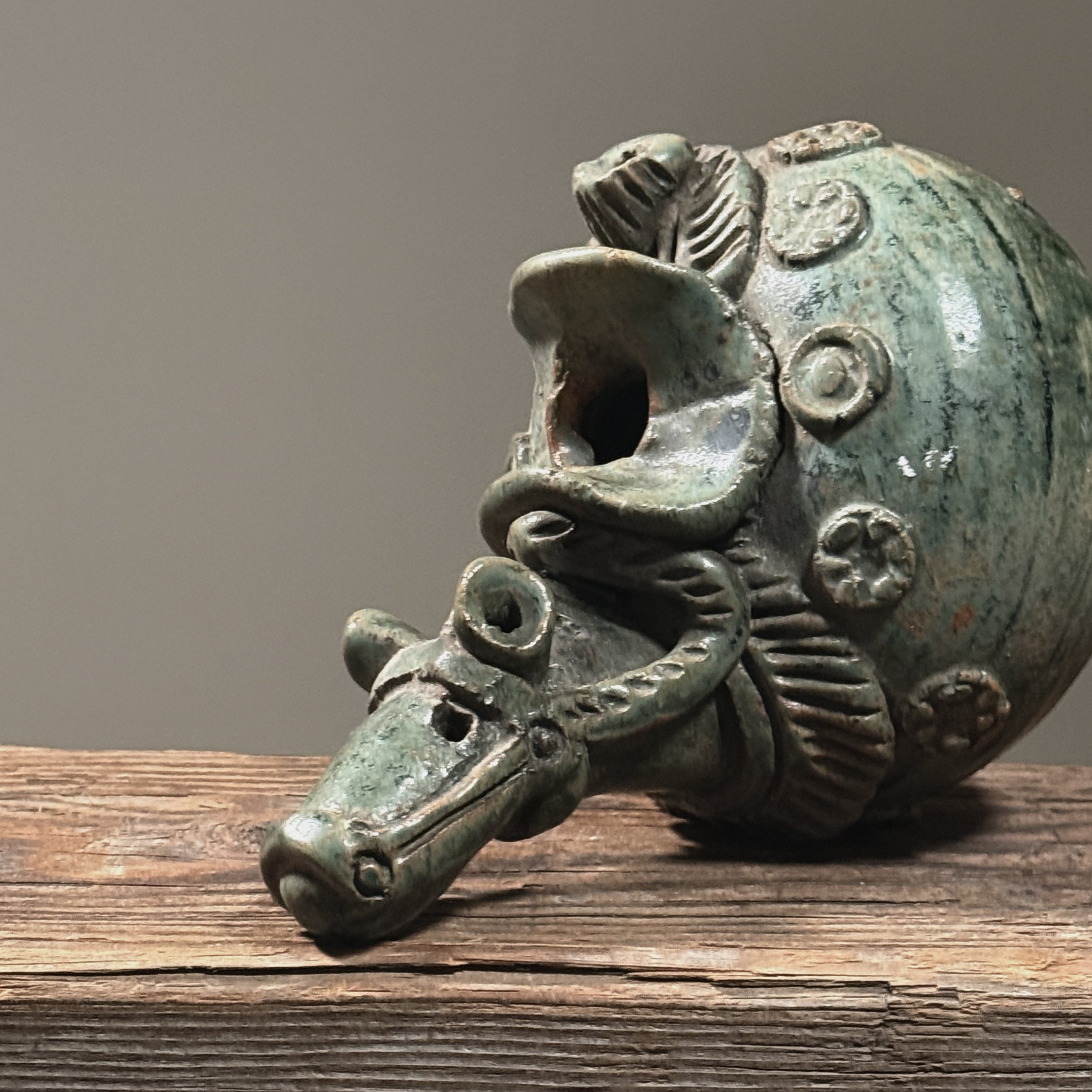 Antique Zuni style Chinese glazed ceramic war horse vessel. 6.75 inches height by 7.5 inches width by 5.25 inches depth.