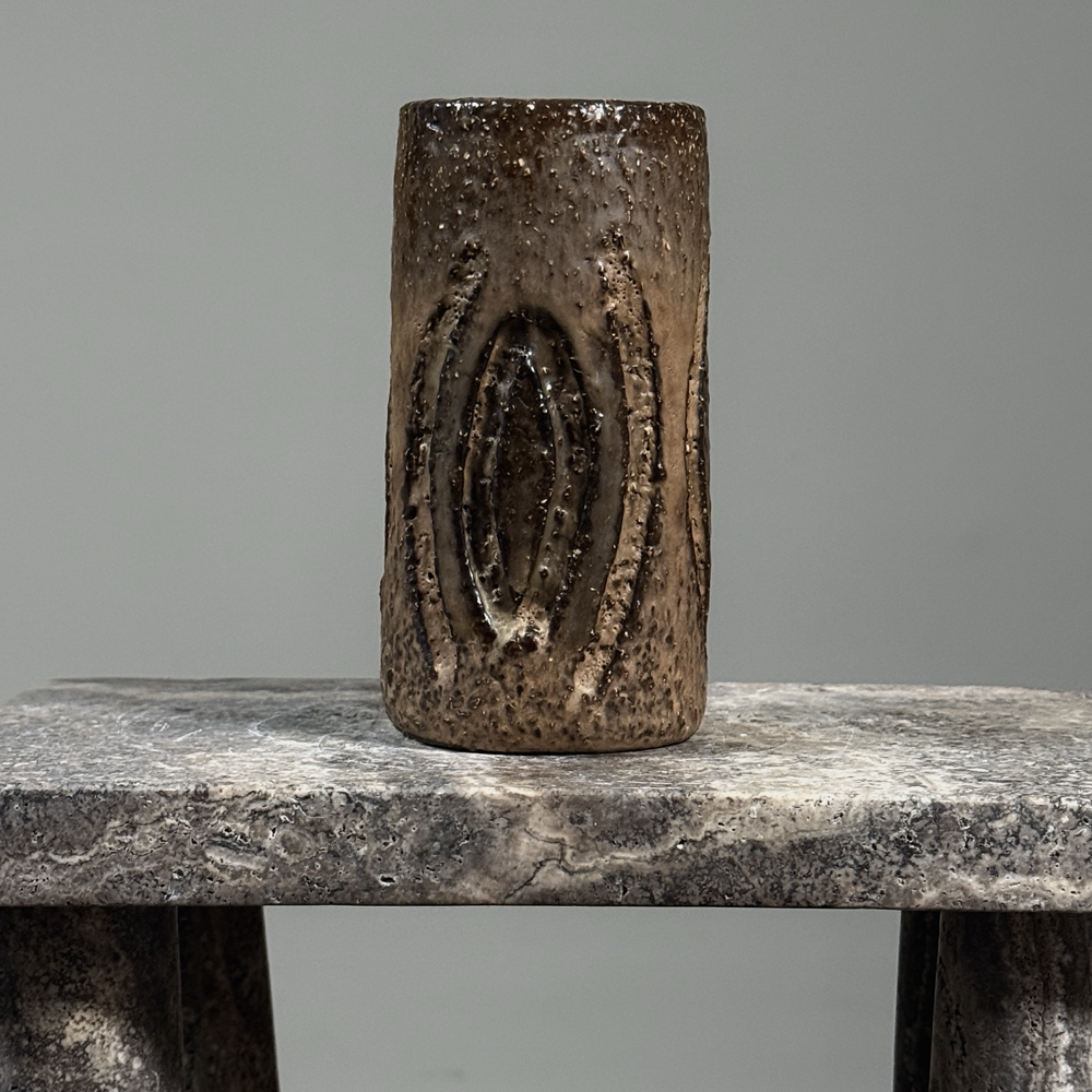 Vintage Danish Brutalist sgraffito vase by Henri Keramik, signed