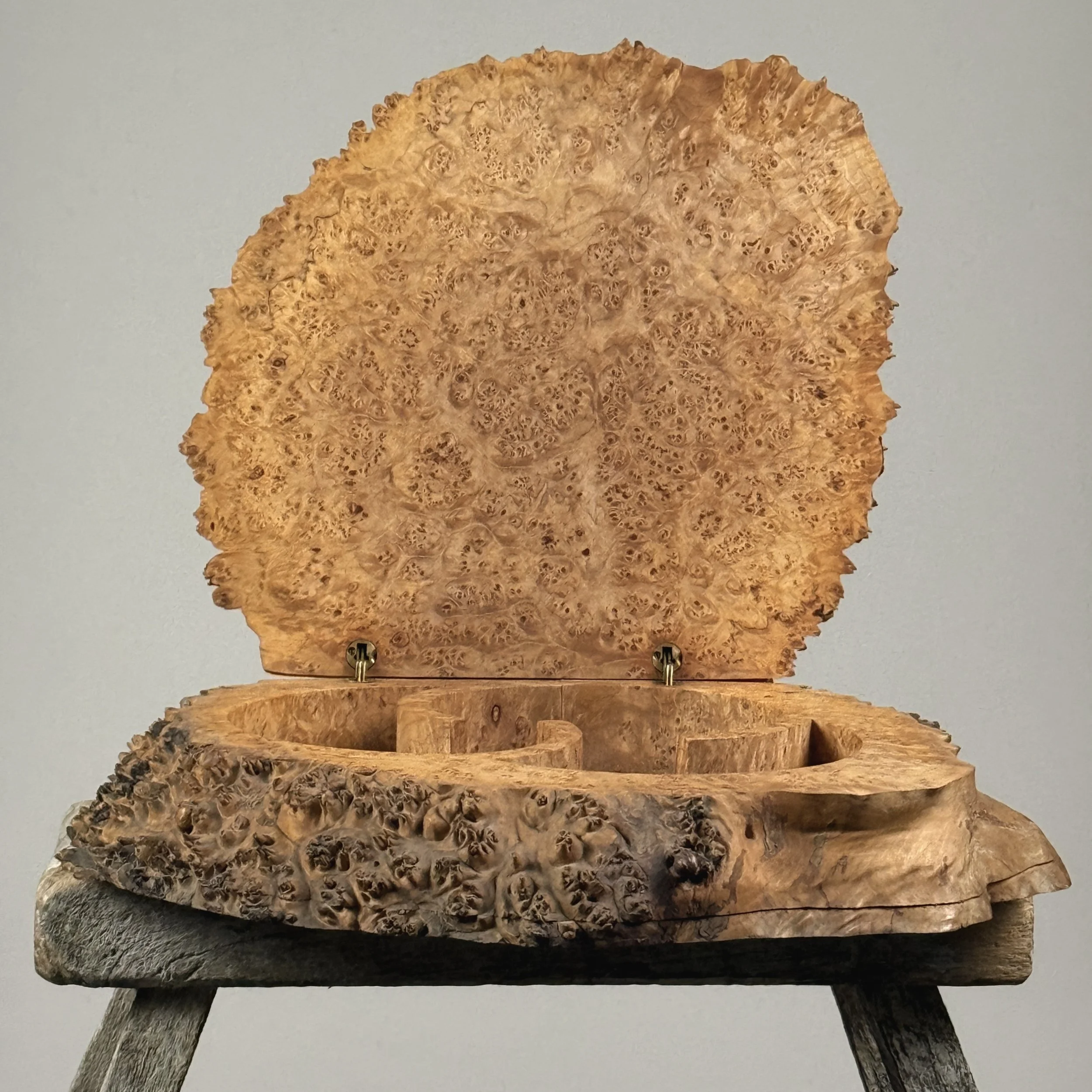Michael Elkan live edge burl wood box, hand-carved studio art, signed