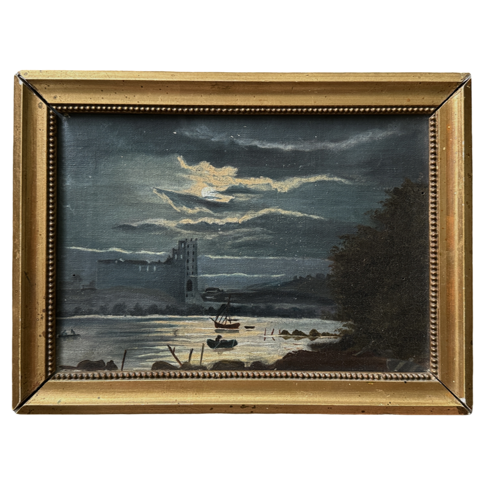 Danish folk art nocturne seascape, moonlit scene with castle