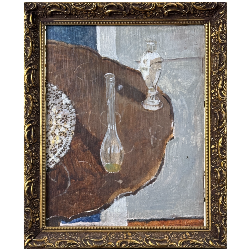 Front view of Expressionist still life with two glass vases and lace doily by Jimmy Bellew