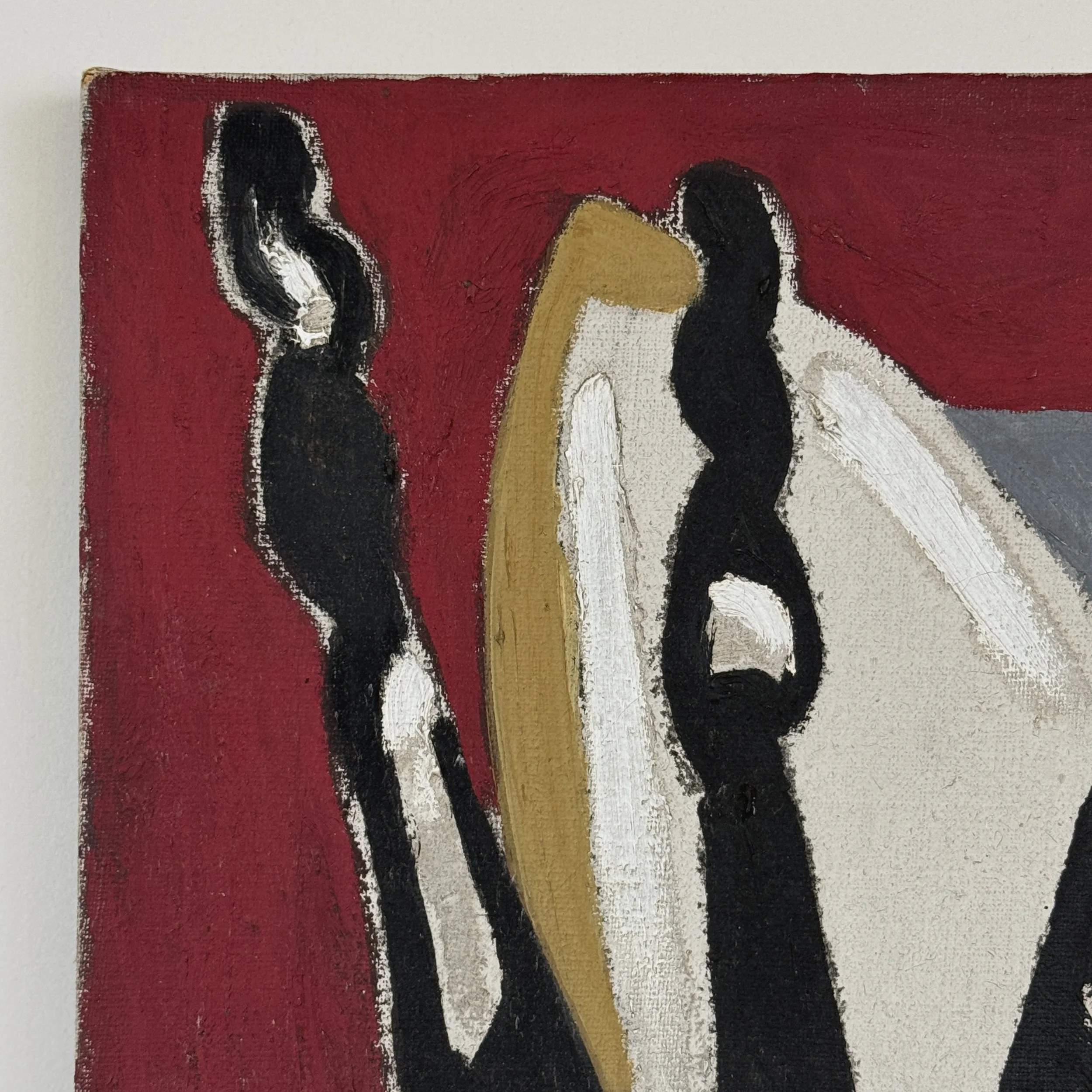 Bea Evan abstract still life, oil on canvas, red background, signed