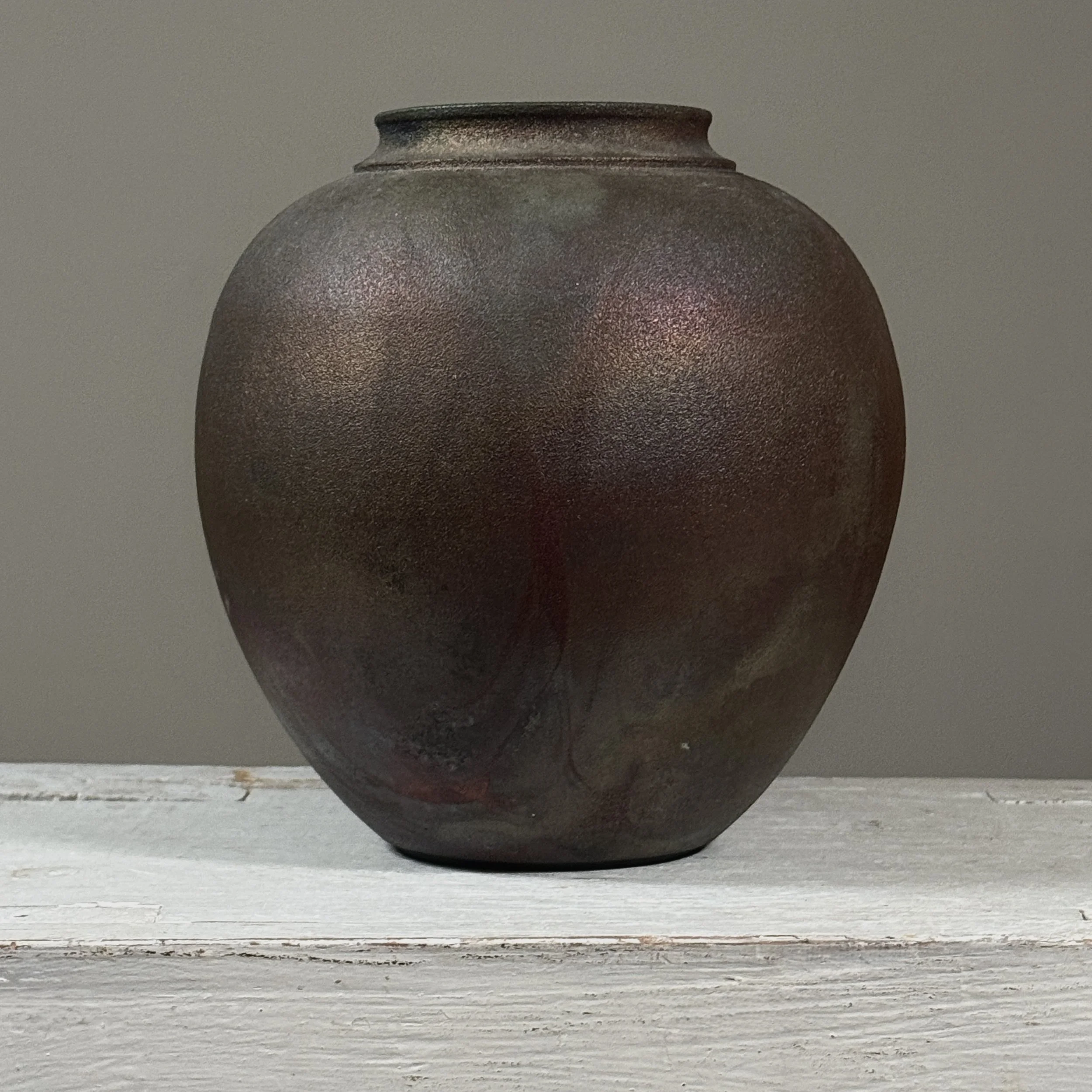 Vintage Postmodern raku fired vase, iridescent metallic glaze, signed