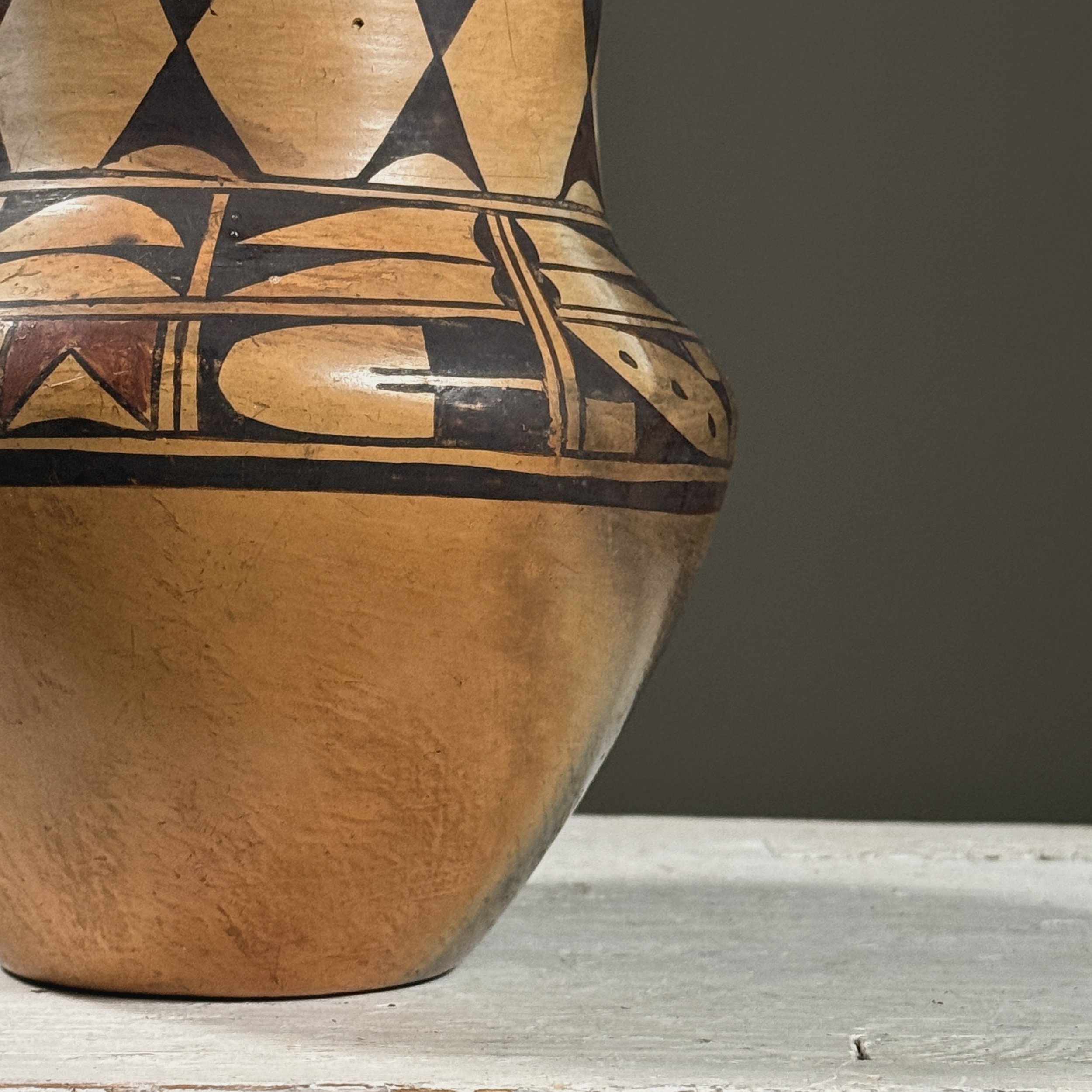 Smoke marks on exterior, Hopi pit-fired pottery vessel
