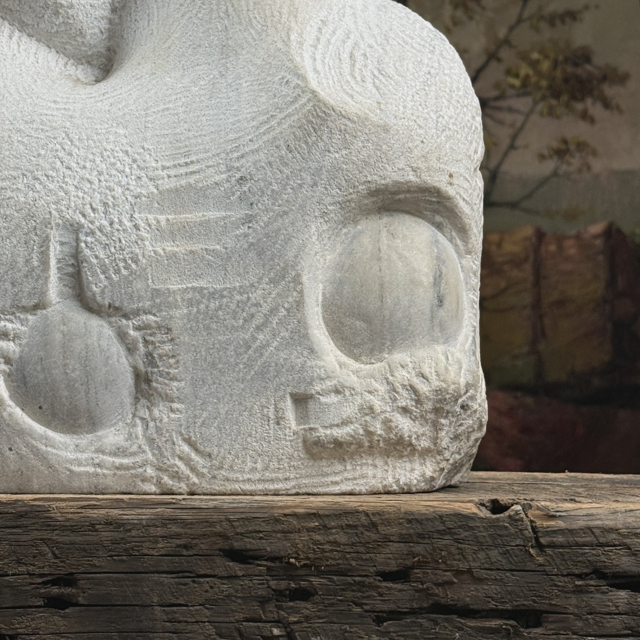 Etched and line detail, abstract marble sculpture, anthropomorphic