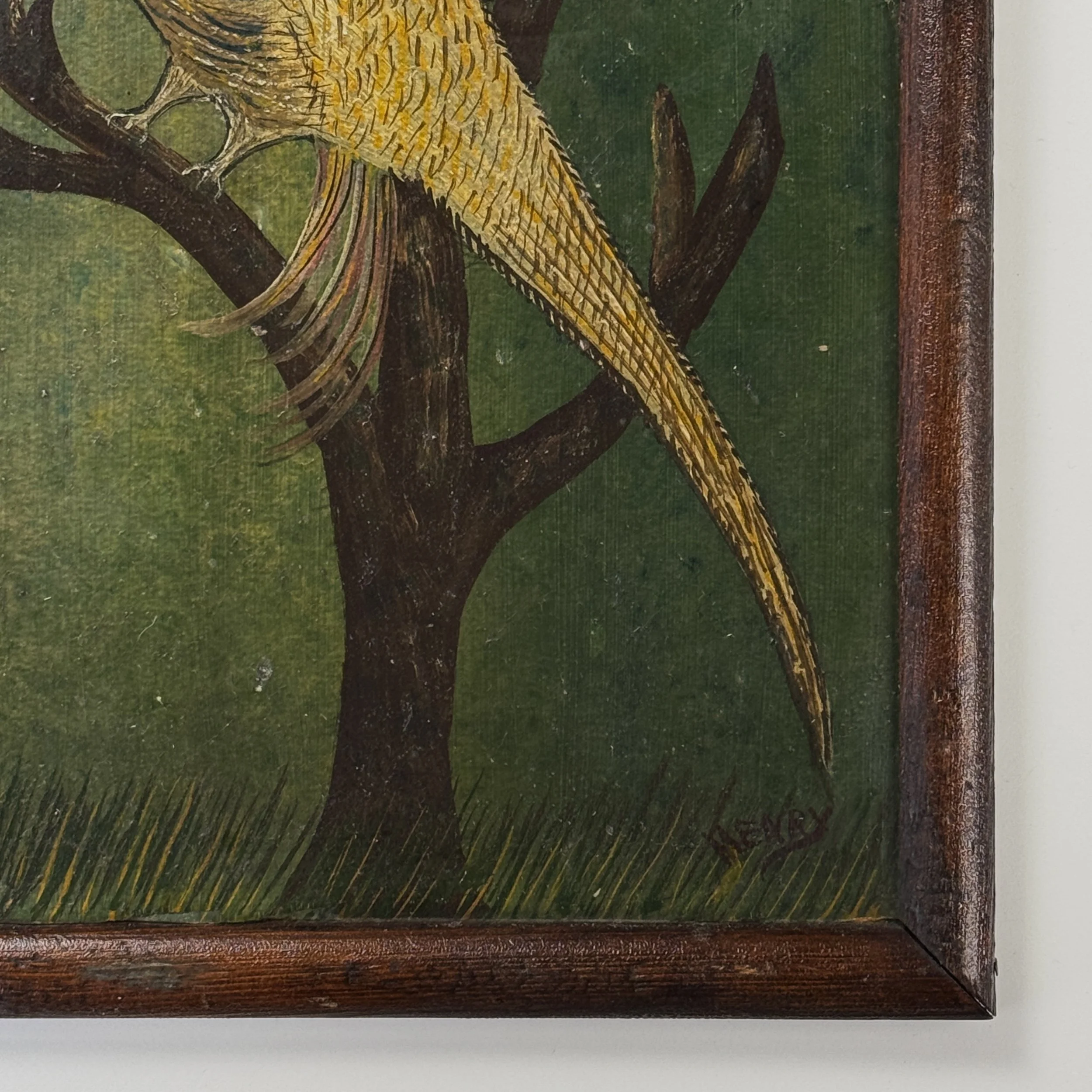 Close-up of artist’s signature in lower right corner of the folk art painting