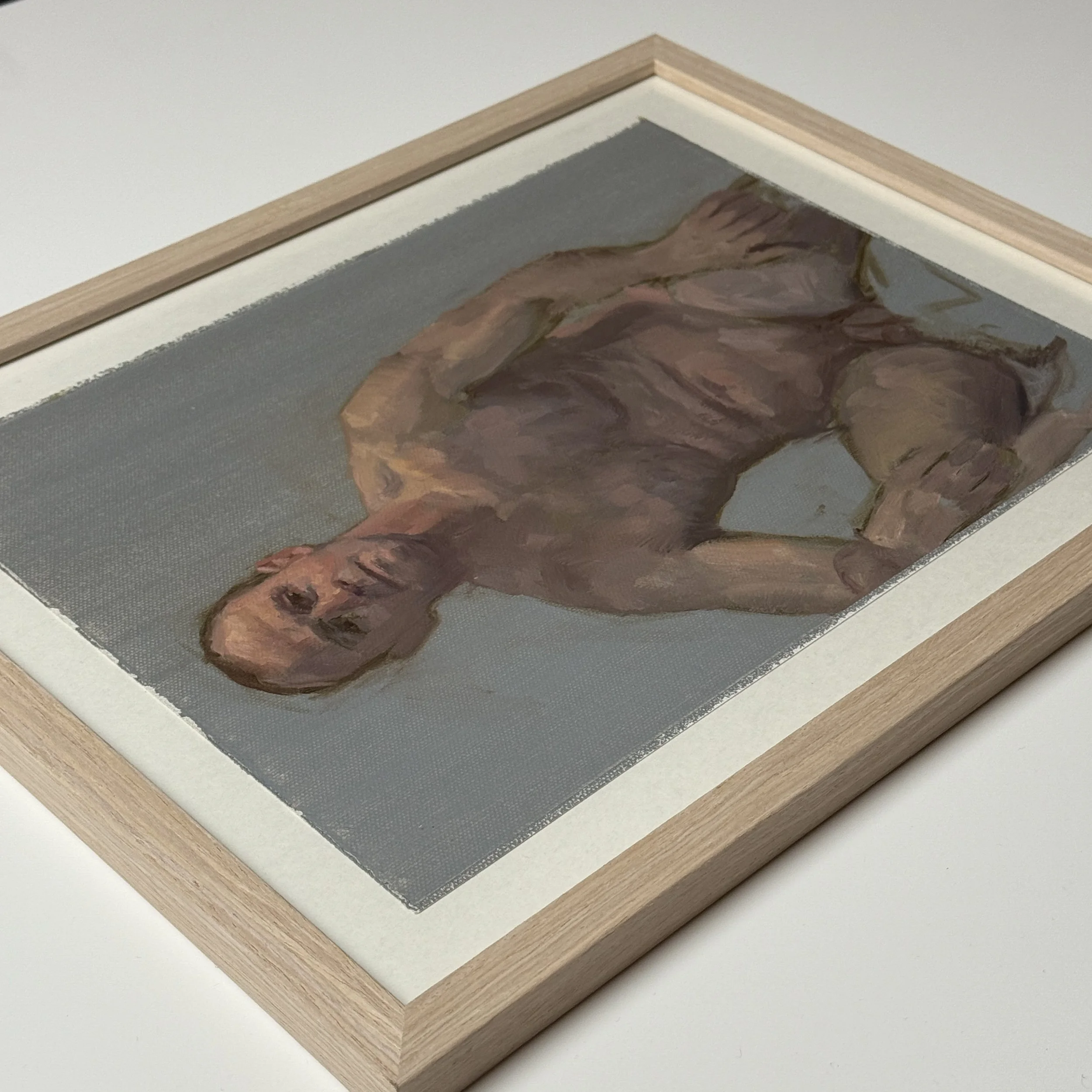 Framed Expressionist nude study with cream matte and blond wood frame