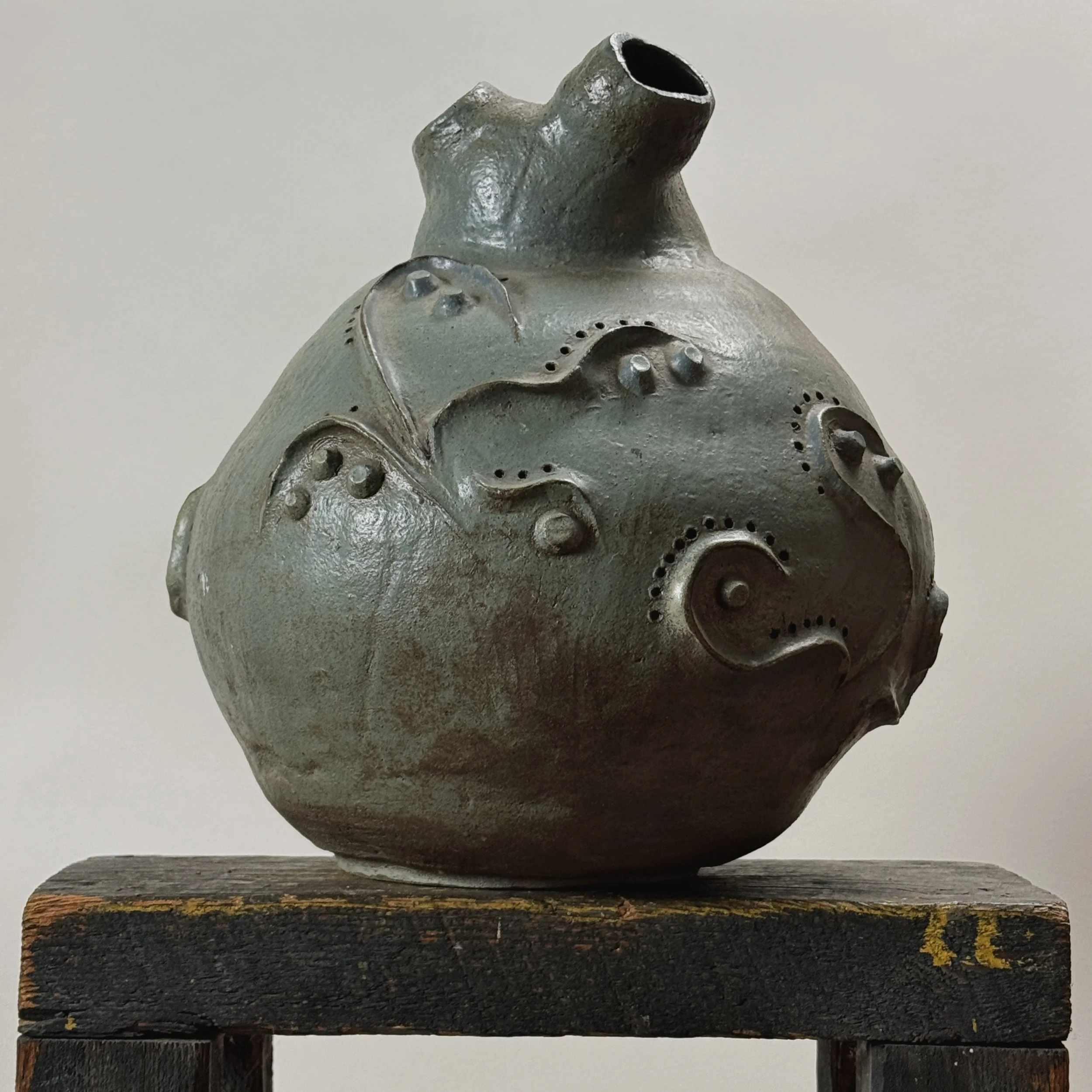 Monumental signed modernist stoneware vessel with three sculptural spouts.