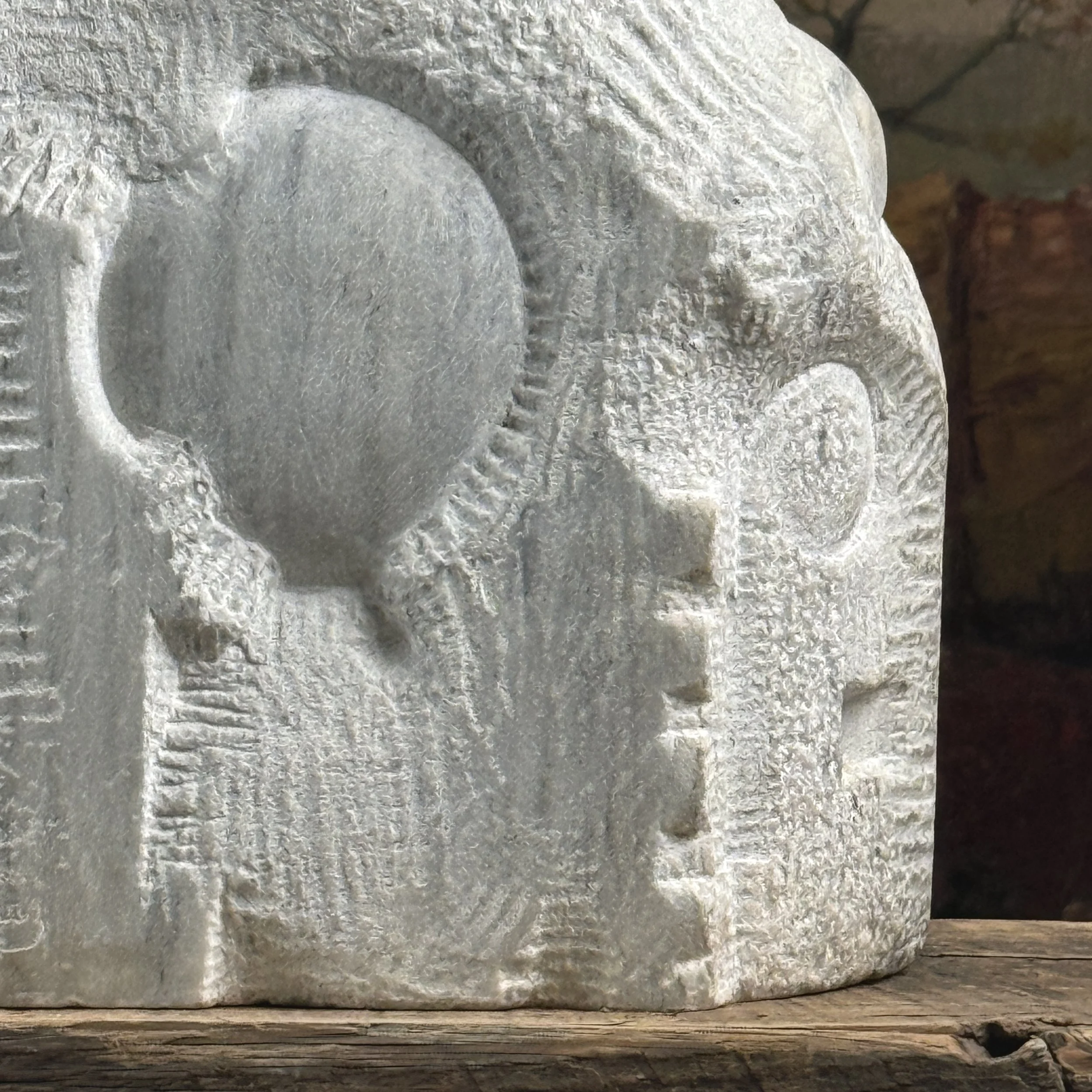 Etched and line detail, abstract marble sculpture, anthropomorphic