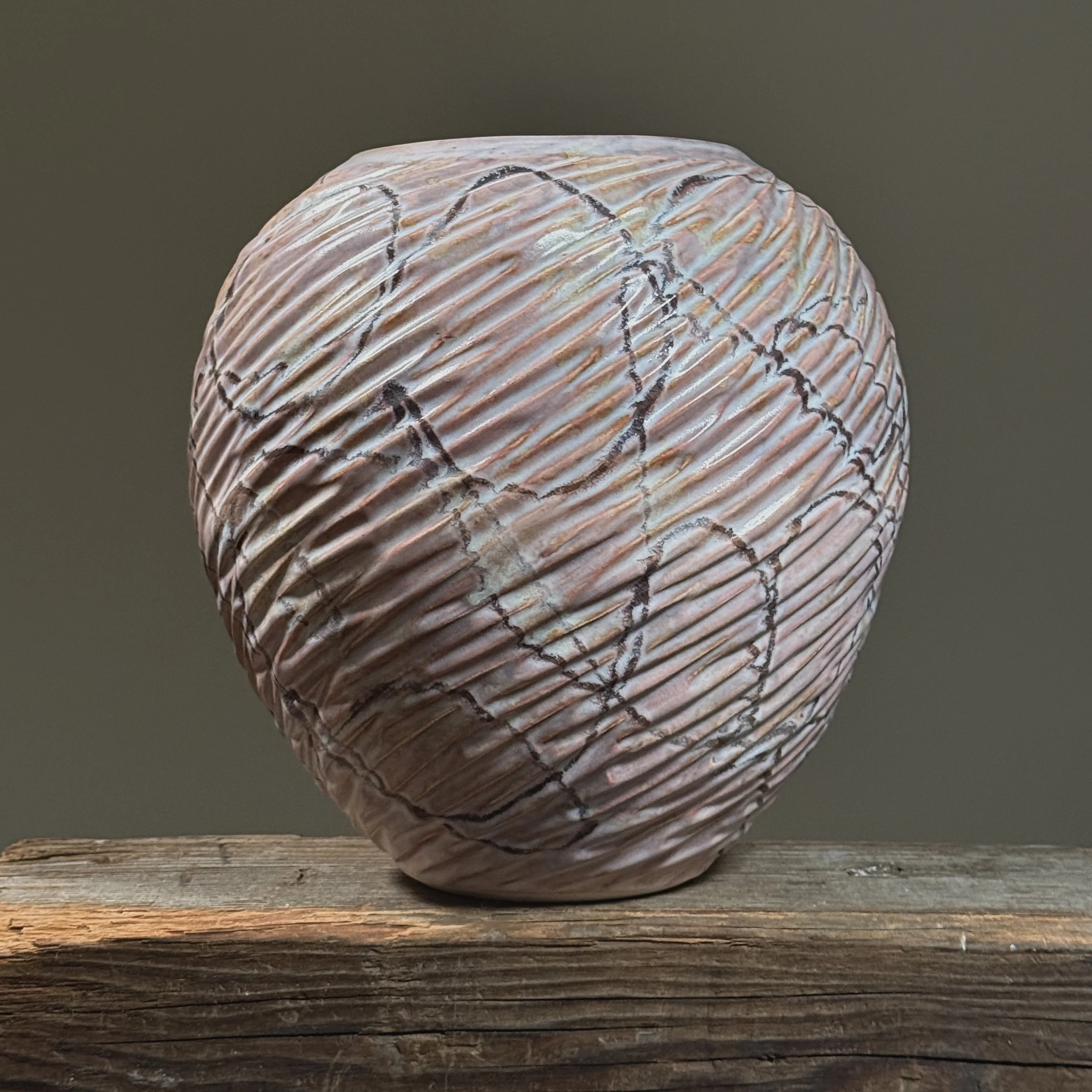 Vintage Japanese Abstract Expressionist ceramic vase with ribbed pink surface