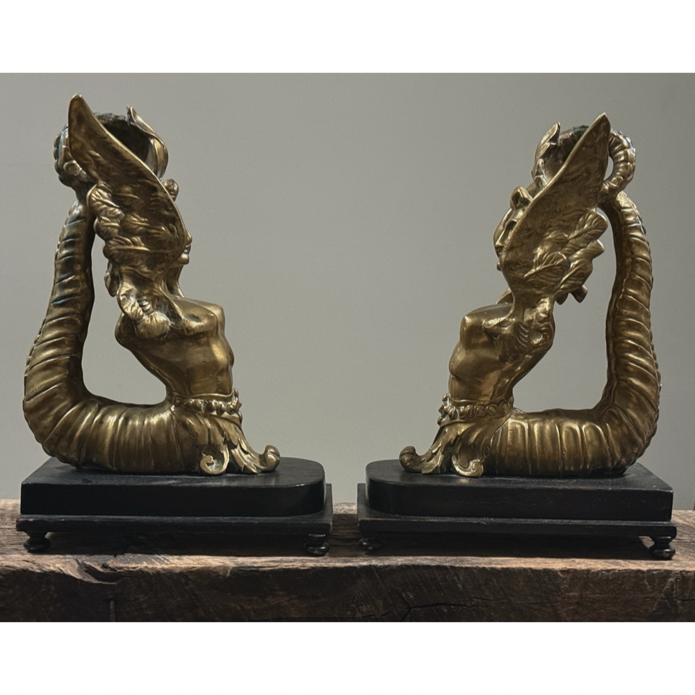Pair of antique 19th century brass Melusine sculptures, French Neoclassical