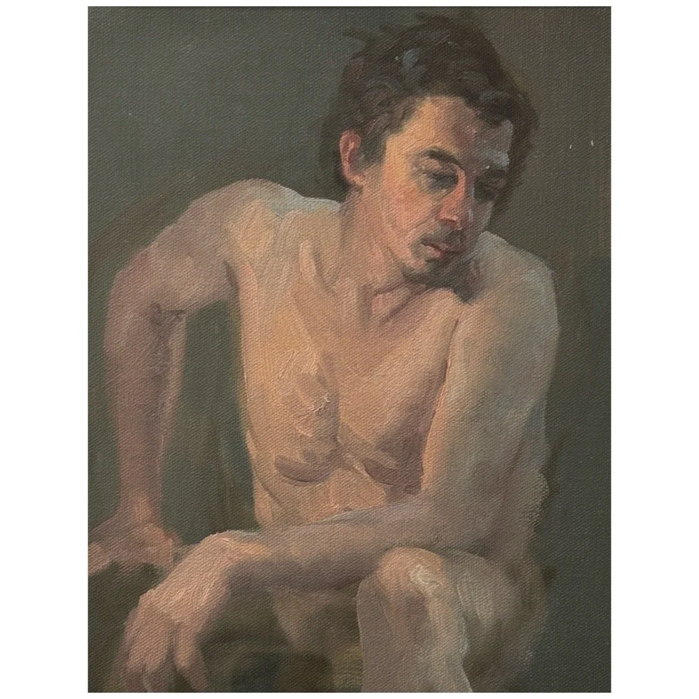 Vintage Expressionist male nude oil painting on canvas paper